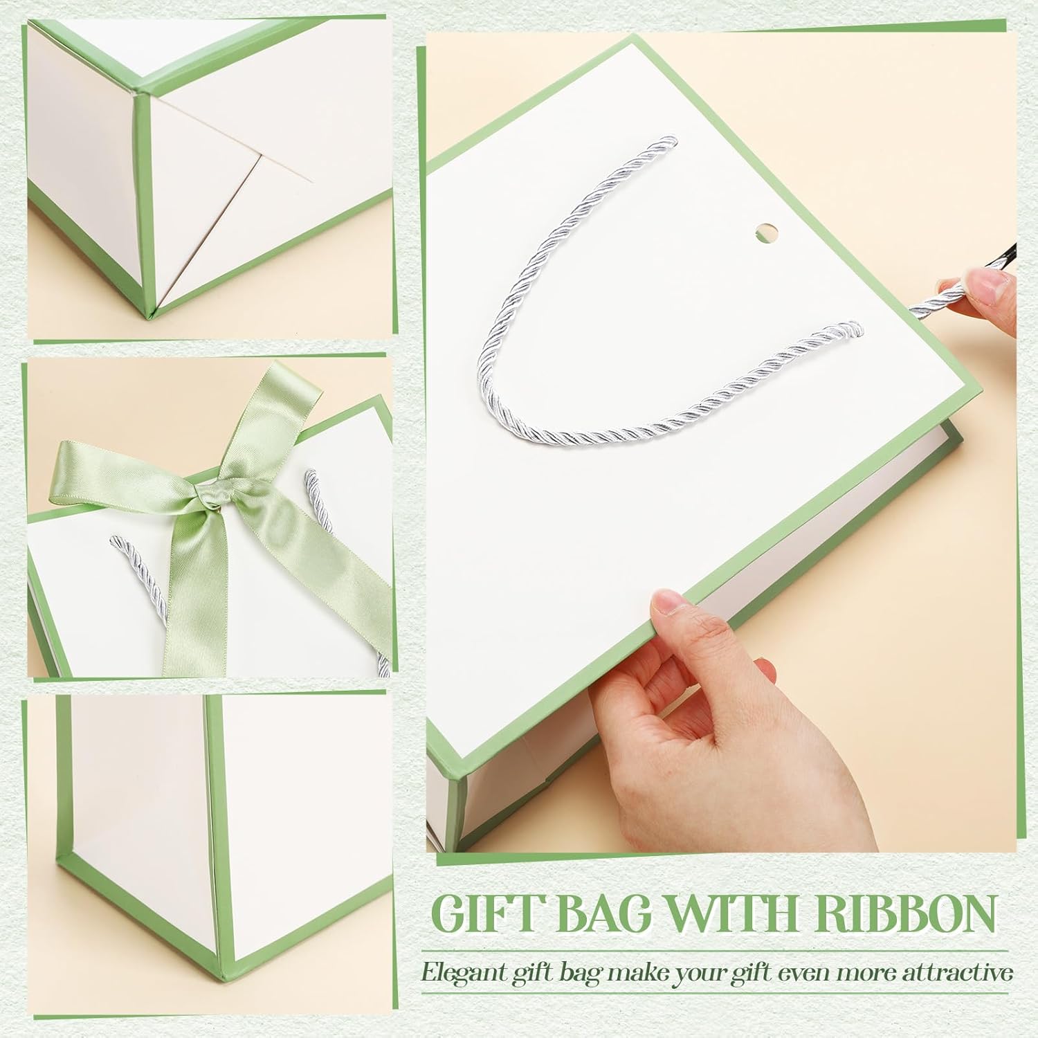 Silkfly Paper Gift Bags with Handle 9x7x3.15'' Thank You Gift Bags with Bow Ribbon for Graduation Appreciation Holiday Wedding Bridal Baby Shower Birthday Party(White, Sage Green,12 Pcs) - Image 3