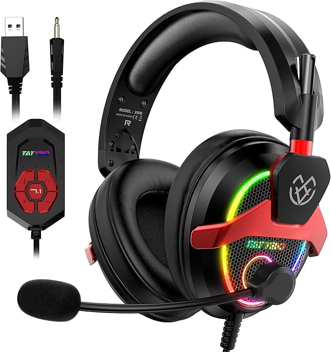 Tatybo 7.1 Casque Gaming PC PS4 PS5, USB & 3.5mm Casque Gamer pour Gaming Esport Stereo Bass avec Micro Anti Bruit pour Xbox One Switch