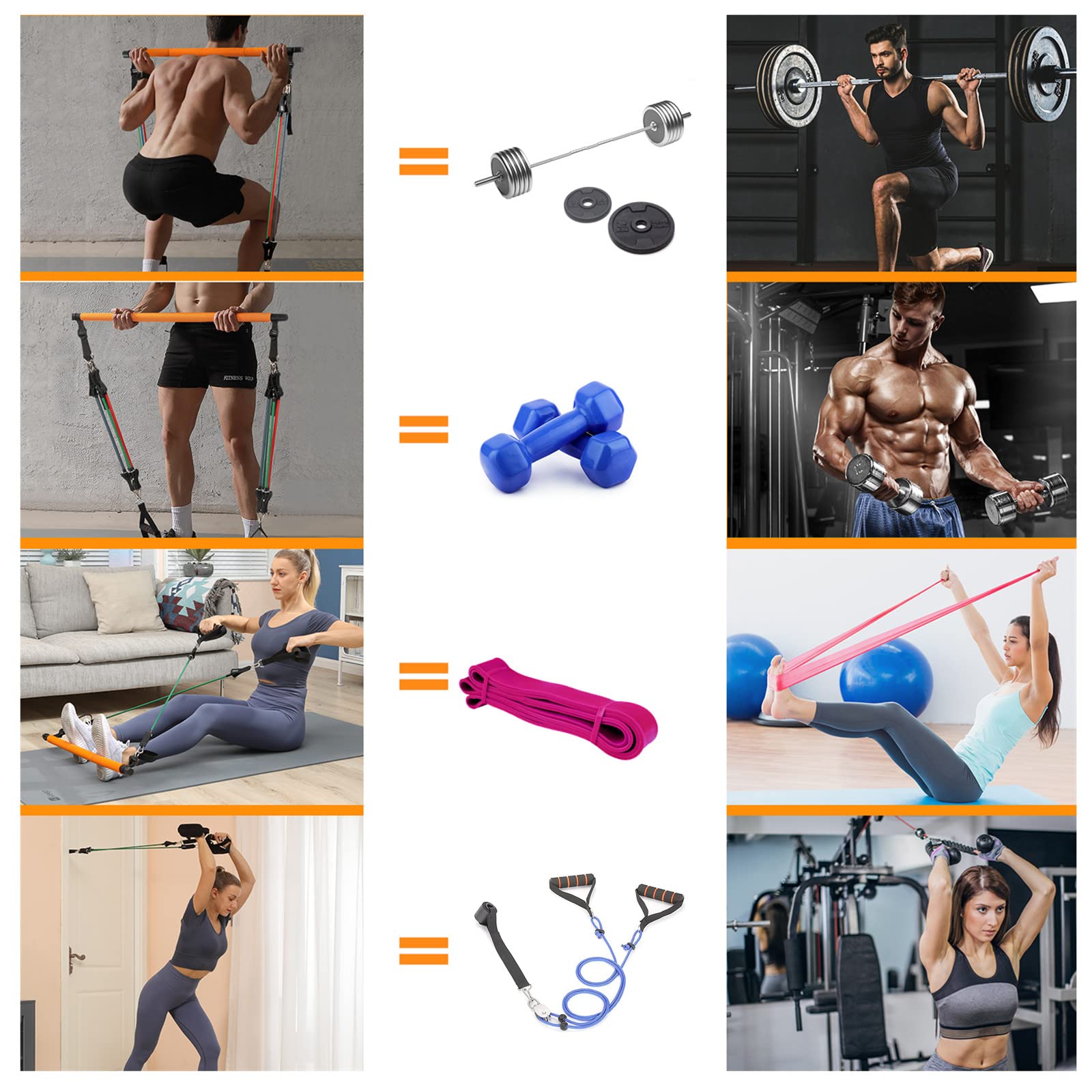 Barra de Pilates, Hommie Barra de Resistencia Ajustables y Removibles con 6 Bandas Resistencia 20/30/40lbs y Vídeo Instructivo, Barra Pilates para Fitness en Casa para Hombre y Mujer