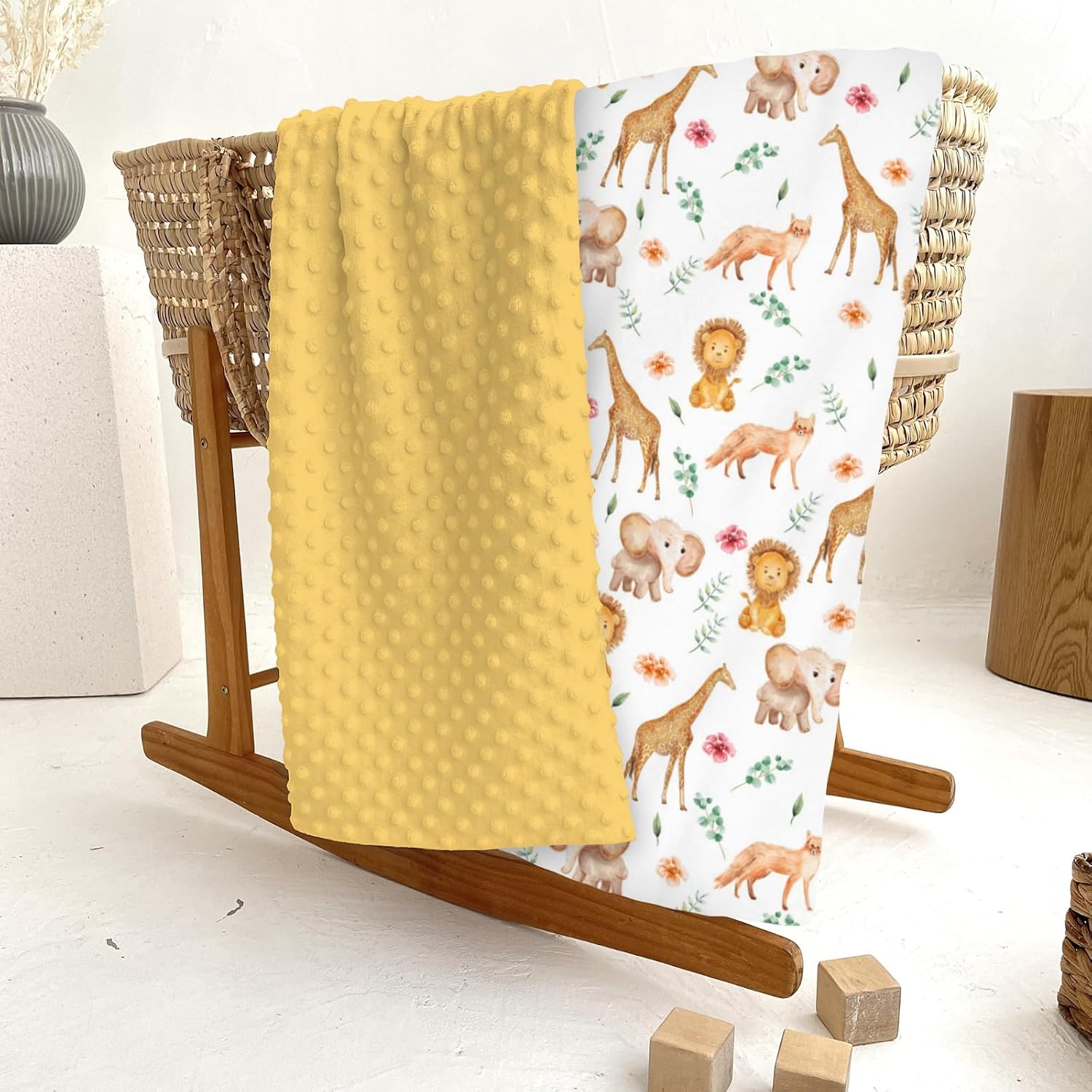 Watercolor Safari Animals Baby Blankets for Girl Boy Lion Giraffe Elephant Floral Leaves Soft Mink Dotted Backing Double Layer Swaddle Blanket African Jungle Bed Throws for Newborn Toddler 30x40