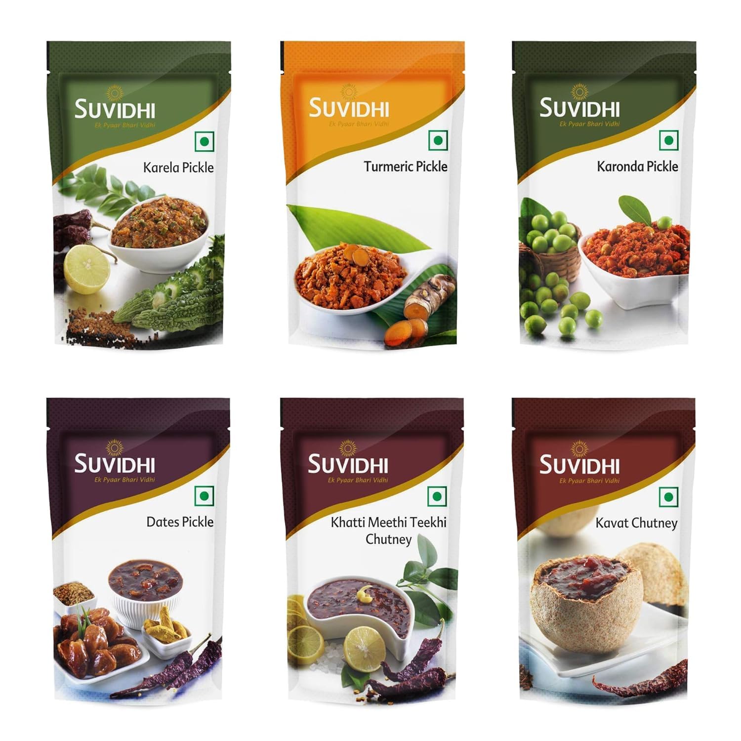 SUVIDHISuvidhi Turmeric Pickle 2, Karela Pickle 2, Karonda Pickle 2, Dates Pickle 2, Khatti Meethi Tikhi Chutney 2, Kavat Chutney 2 (100gm Each Pack of 12 in All 1.2kg)