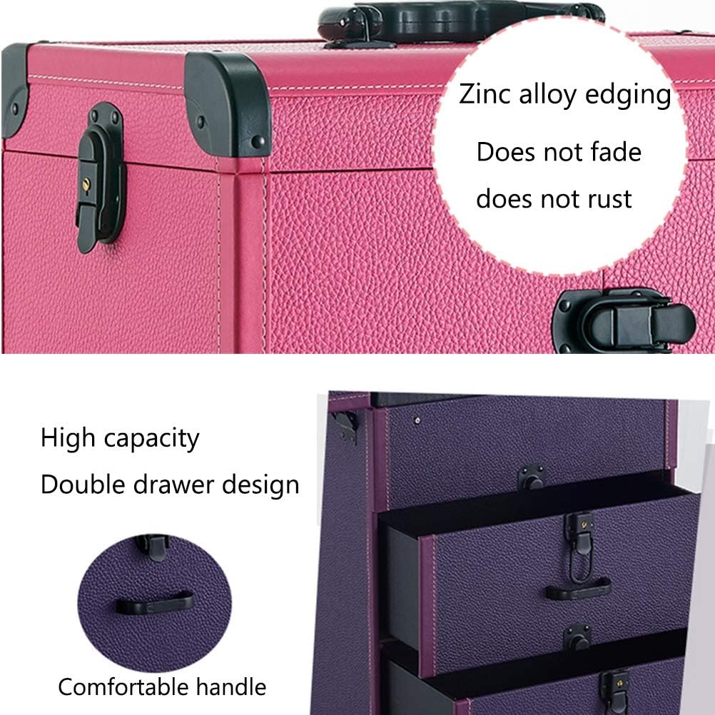 PVC Trolley Cosmetic Case Professional Large-Capacity Waterproof and Wear-Resistant with Universal Wheel Makeup Nail,Black (Pink)