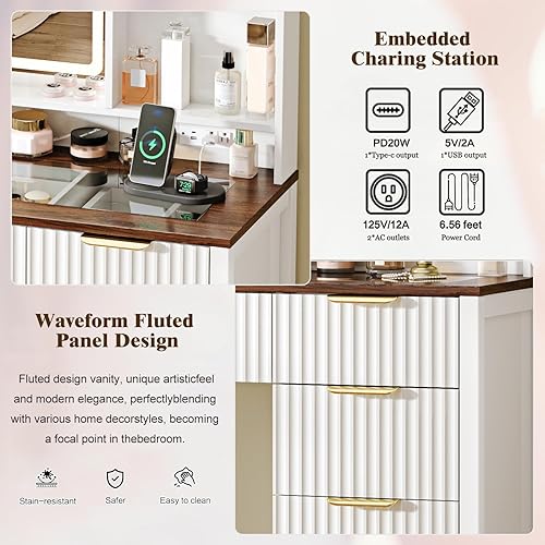 Miniatura 4 de Escritorio de tocador de maquillaje con espejo y luces, mesa de tocador de vidrio de 43.3 pulgadas con 5 cajones y estantes, juego de tocador grande