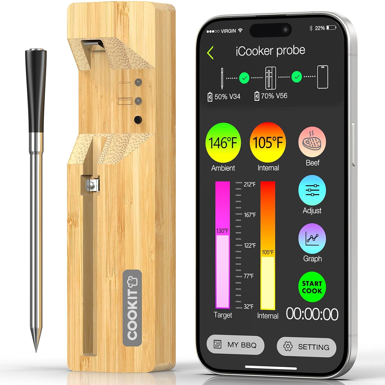COOKIT 700FT Bluetooth Meat Thermometer, 5.5mm Ultra-Thin Probe Wireless Food Thermometer with Dual Temp Monitor for Steak, Pork, Turkey, BBQ, Oven, Grill and Smoker Cooking