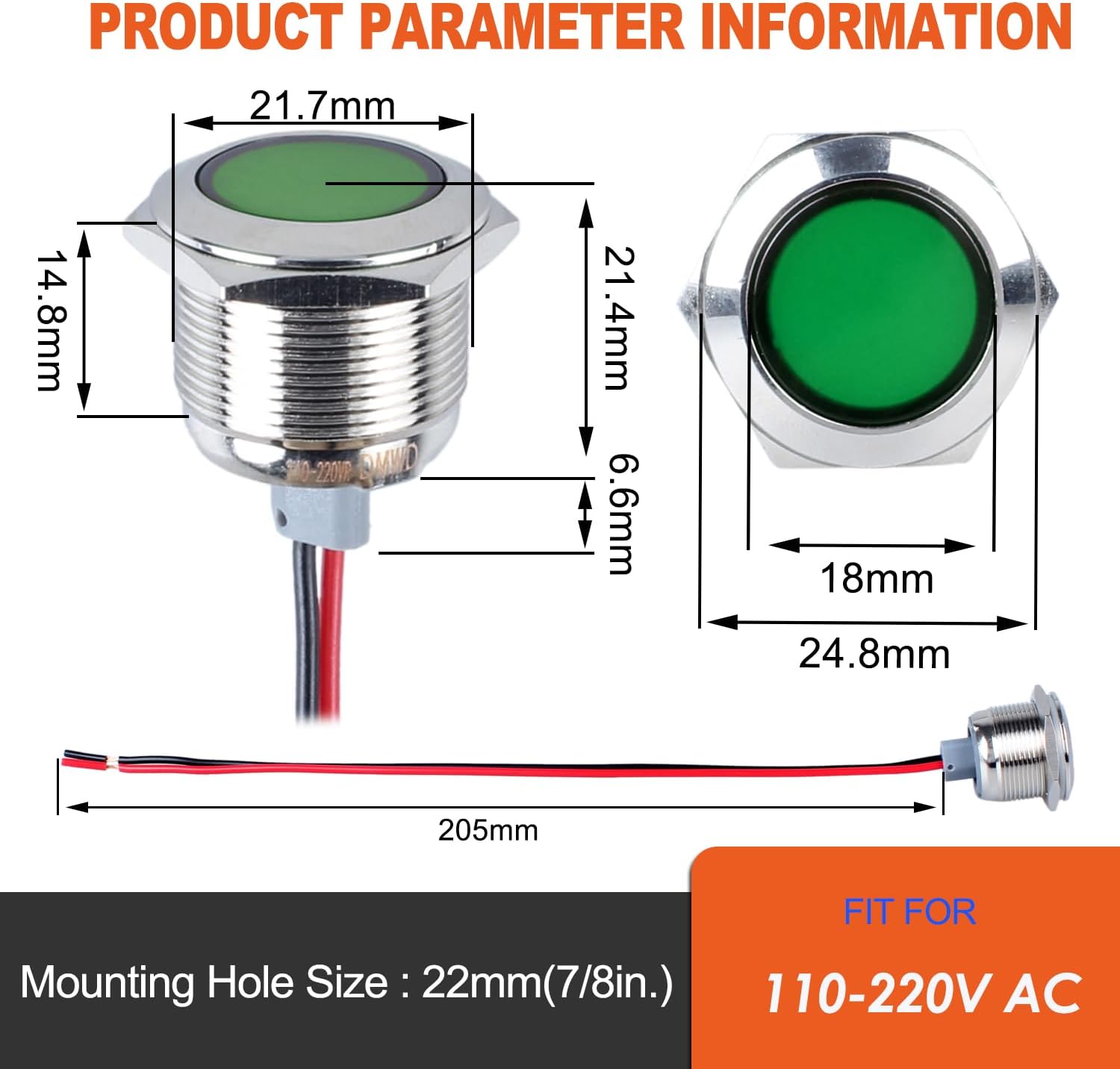 2PCS 22mm (7/8") LED Indicator Light, 110-220VAC 20mA Energy Saving Metal Waterproof IP67 Single lamp LED Pilot Lamp Flat Head with 20cm/7.87in. Wire for Car Truck Boat(Green LED)