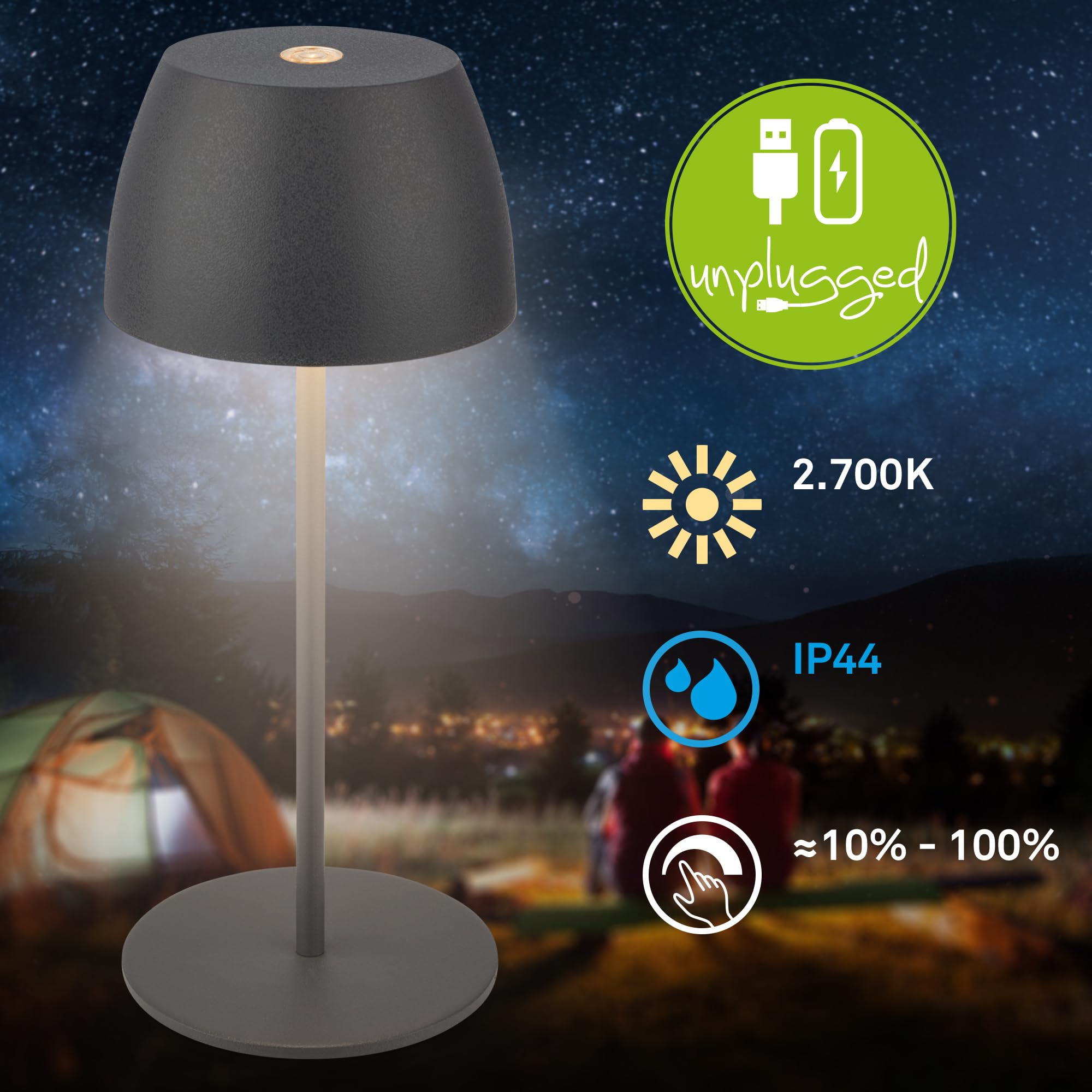 BRILONER - 2er Set Mini LED Tischlampe kabellos IP44 mit Touch, stufenlos dimmbar, Akku & Lichtquelle tauschbar, Nachttischlampe, Dekolampe, Akku Tischleuchte, 8x20 cm (DxH), Anthrazit