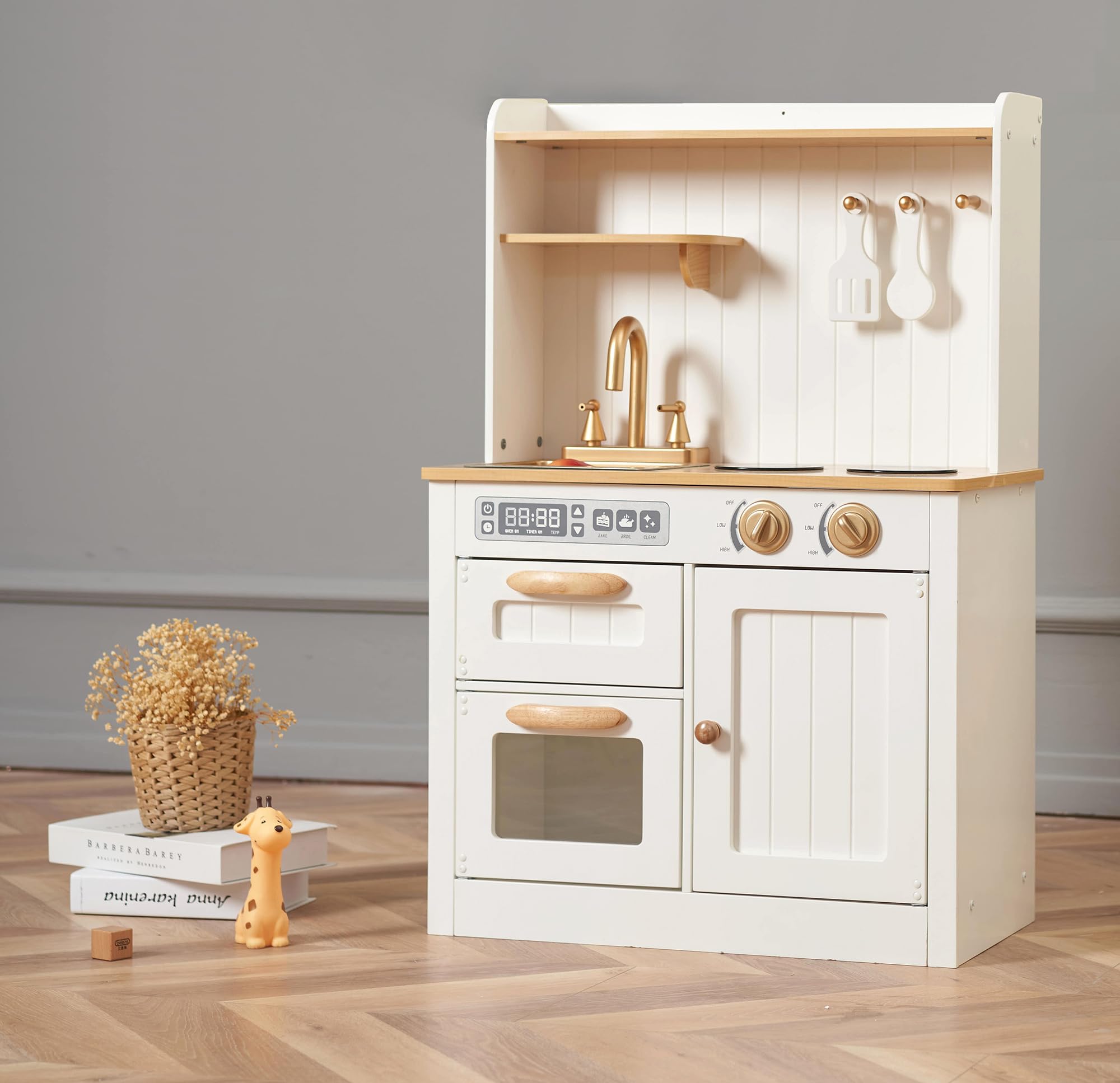 Hooga Toy Kitchen, Wooden Play Kitchen With Realistic Oven, Storage Cupboards, Utensils and Sink With Taps, White Kitchen Playset With Utensils and Interactive Dials
