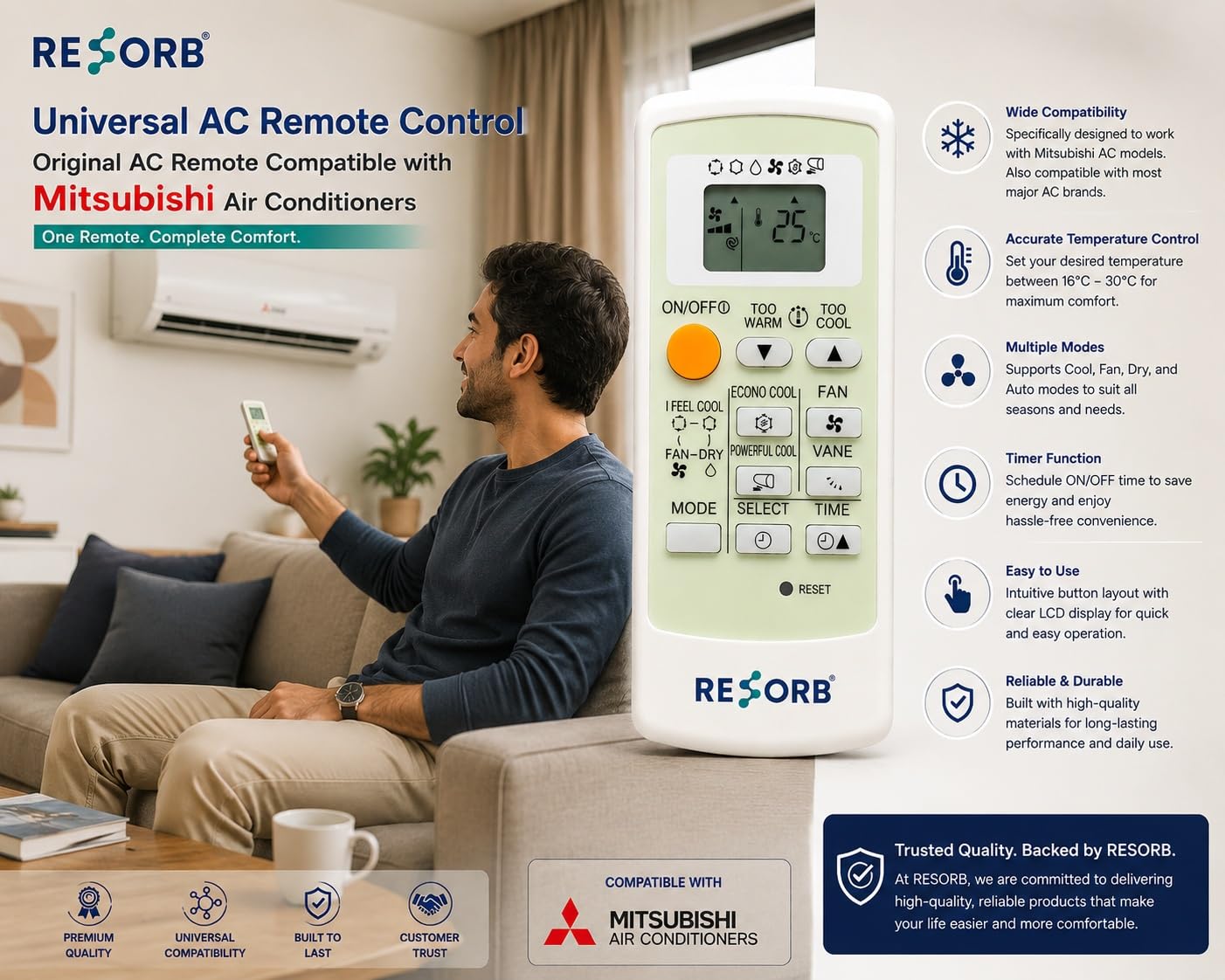 RESORB Original AC Remote Compatible with Mitsubishi Air Conditioner | Timer Mode Fan Swing Functions | White (RE 122) 2