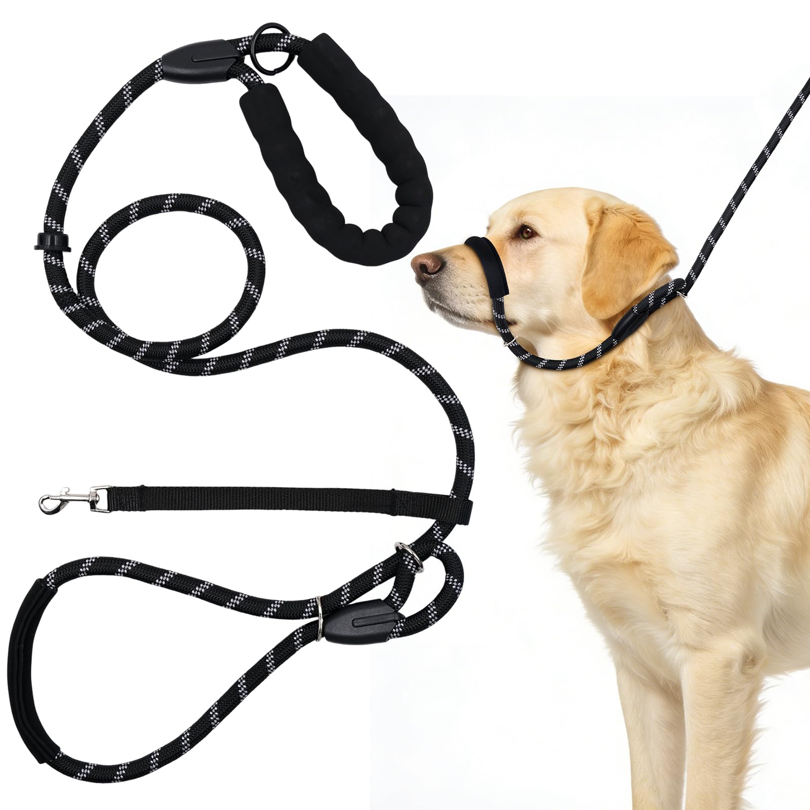 Vidoxdu Figure of 8 Dog Lead, Anti Pull Dog Lead, 1.6M Reflective Nylon Rope Slip Leads with Nose Padding And Collar Attachment for Large, Medium Dogs (Black)