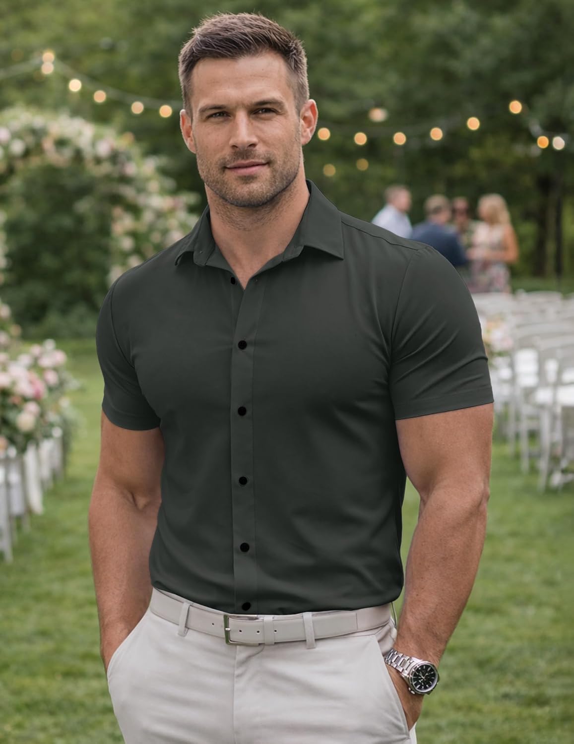 Mens Muscle Fit Casual Dress Shirts Short Sleeve Wrinkle-Free Button Down Shirt - Image 3