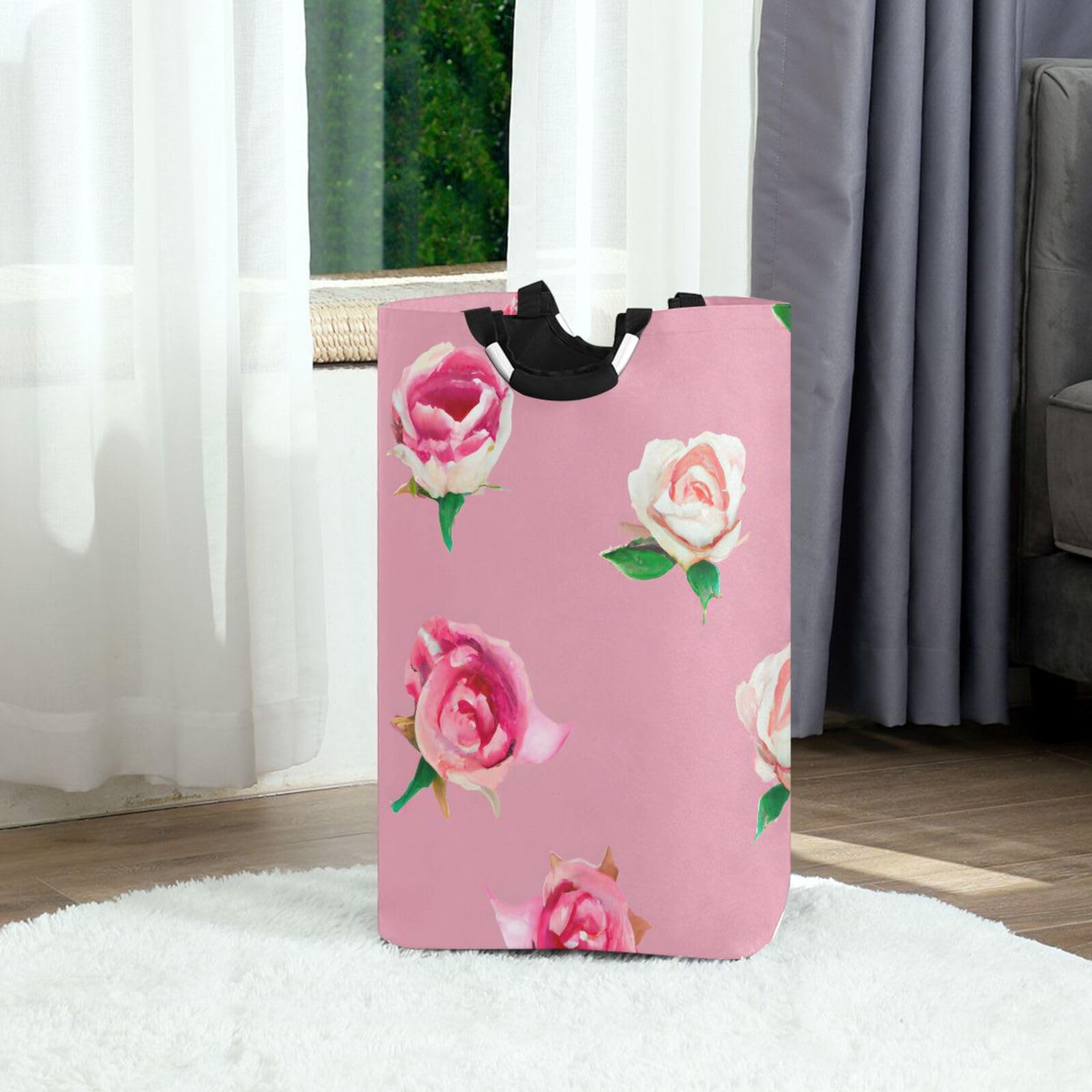 Jihqo Laundry Hamper Basket Watercolor Roses Pink Collapsible Nursery Storage Bin Waterproof Clothing Baskets for Home Bedroom Bathroom Washing Room