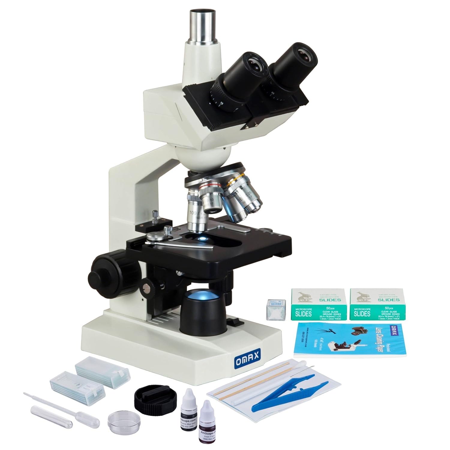 OMAX 40X-2500X LED Lab Trinocular Microscope + Slide Preparation Kit + Blank Slides + Covers + Lens Paper