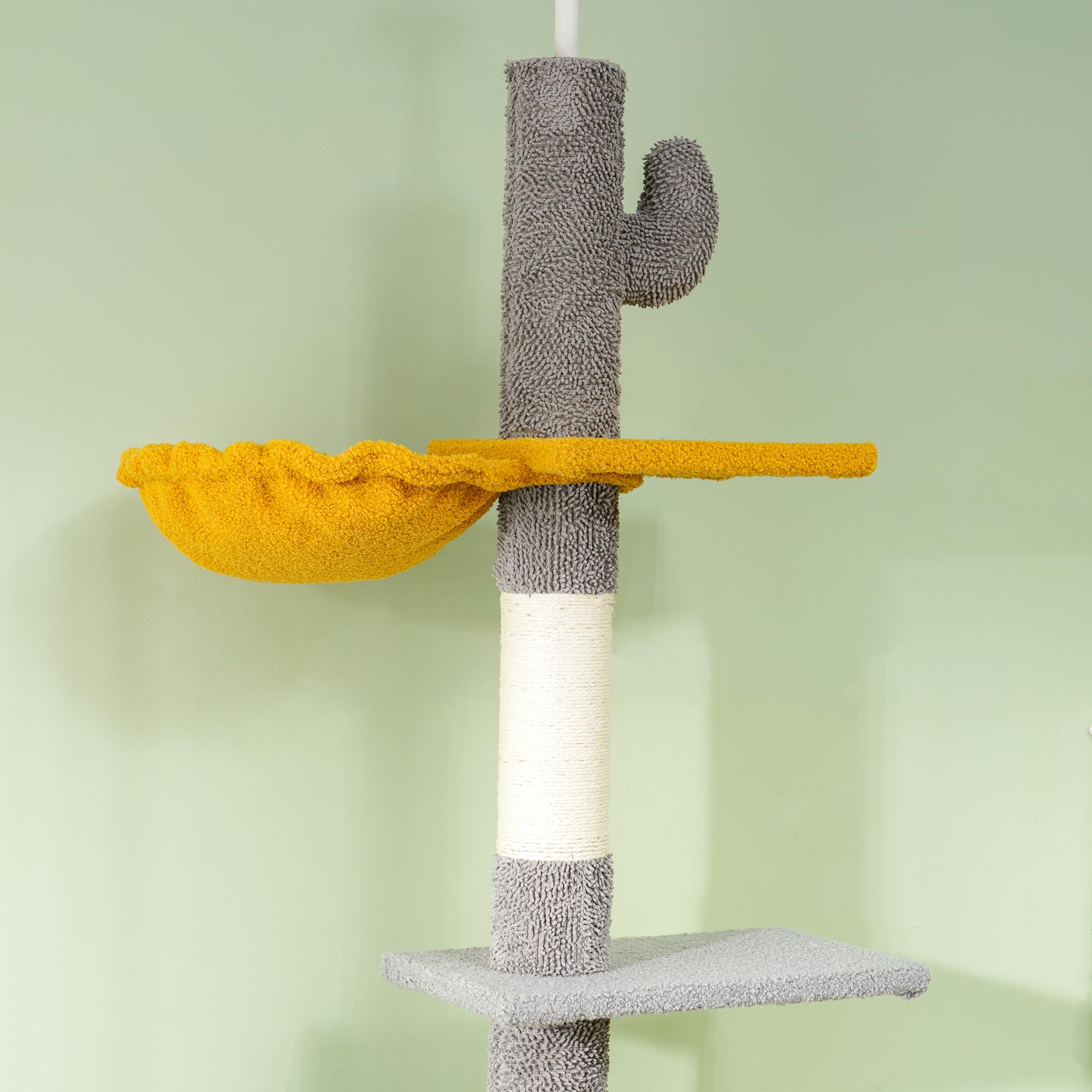 PawHut Albero per gatti da pavimento a soffitto, altezza 275 cm, torre gioco per gatti, 6 livelli, con piattaforme, cuccia, amaca, palla, tiragraffi, per arrampicarsi, graffiare e giocare, grigio | Torre gioco per gatti, piattaforme, nicchia, palla, tirag
