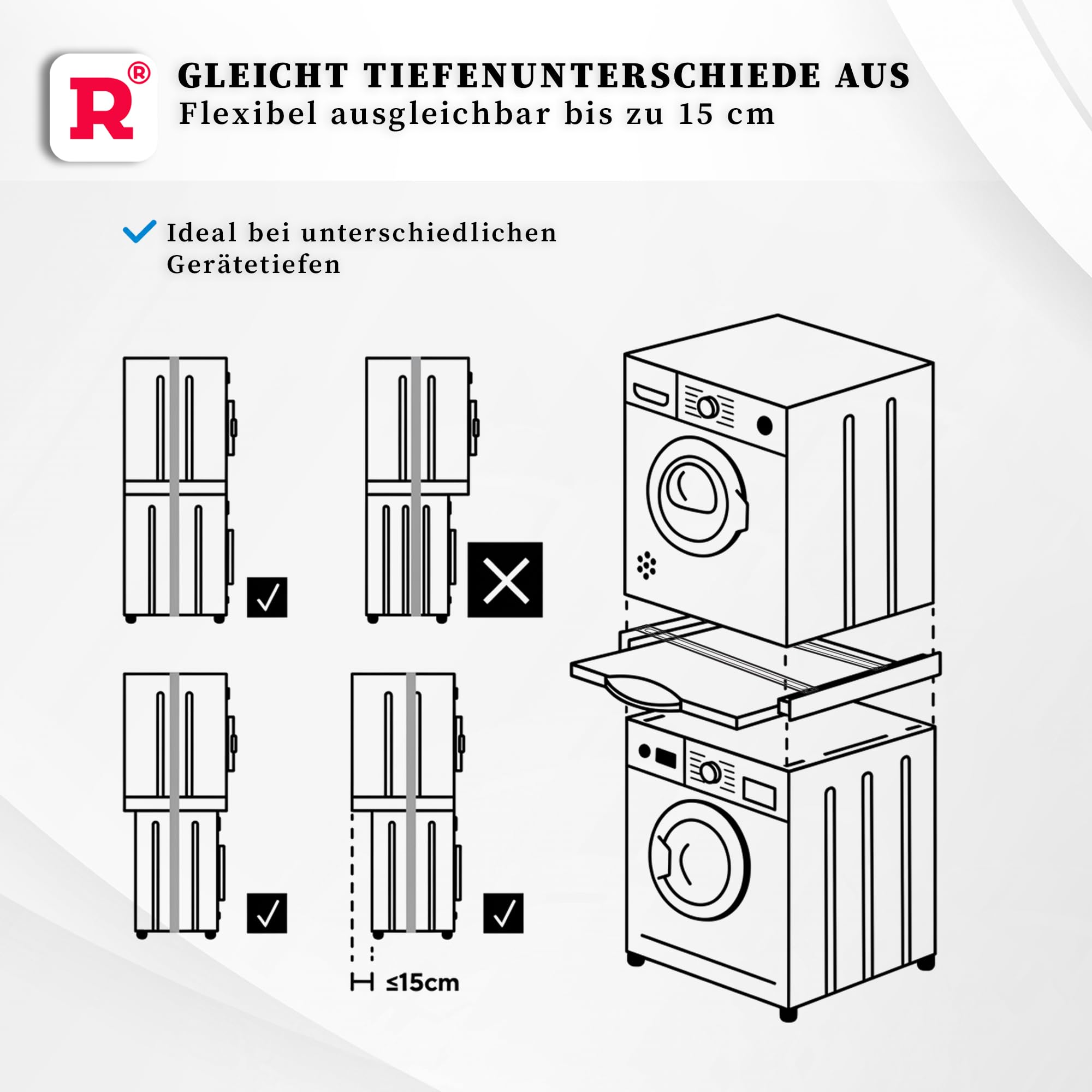 ROLLER Kappatos Premium Verbindungsrahmen mit Schublade, 250 kg Aluminium | Zwischenbaurahmen Waschmaschine Trockner, 60x60 cm, Stapelrahmen mit Ablage, Made in EU