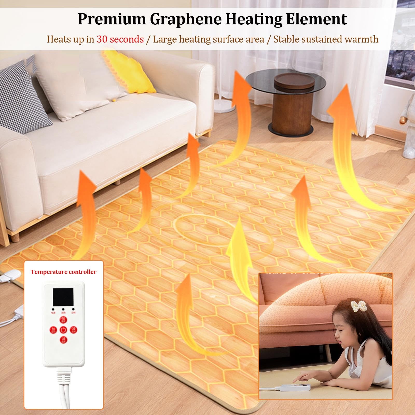 Alfombra calefactora eléctrica de grafeno de gran tamaño, con temporizador y calentamiento rápido; ideal para sala de estar, oficina, estudio o cuarto de juegos(150X200cm)