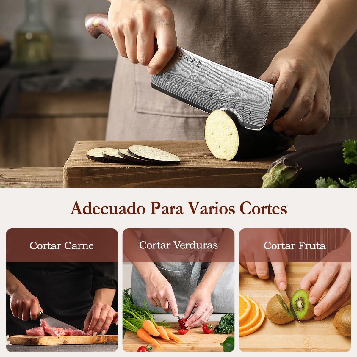 HEZHEN Damasco Cuchillo Nakiri, Estilo Japonés Cuchillos de Cocinero, Multiusos Cuchillo Chef Asiático Para Rebanar Carne Cortar Verduras, Mango de Micarta