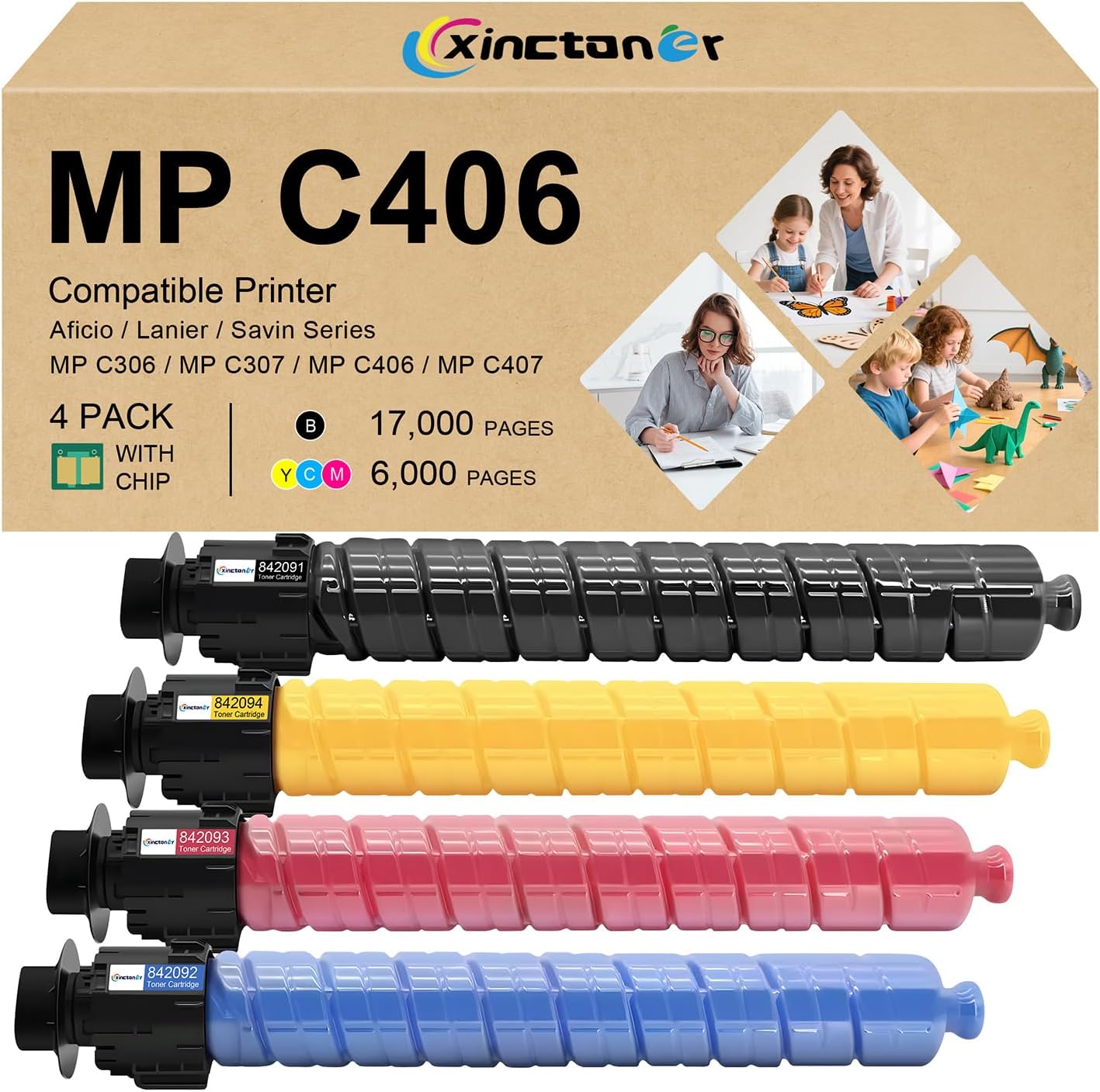 MP C306 C406 C307 C407 Toner Cartridge High Yield Replacement for Ricoh 842091 842092 842093 842094 Work for Ricoh MP C306 C307 C406 C407 Printer (4 Pack, Black Cyan Magenta Yellow)