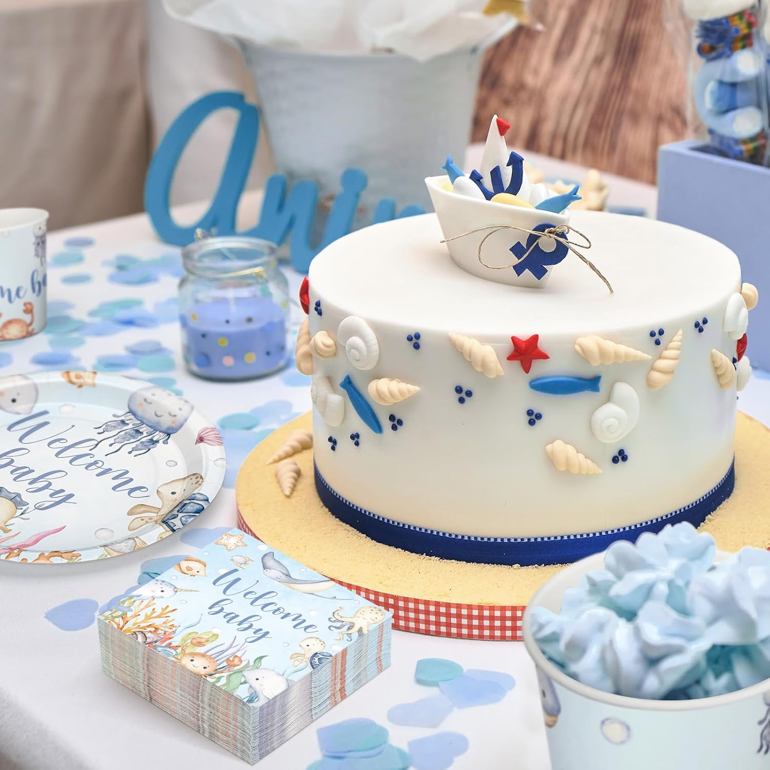 Hushee 200 Pcs Under the Sea Baby Shower Paper Plates Napkins Cups Baby Shower Party Supplies Tableware Set Disposable Cup Napkin for 50 Guest Party Decoration