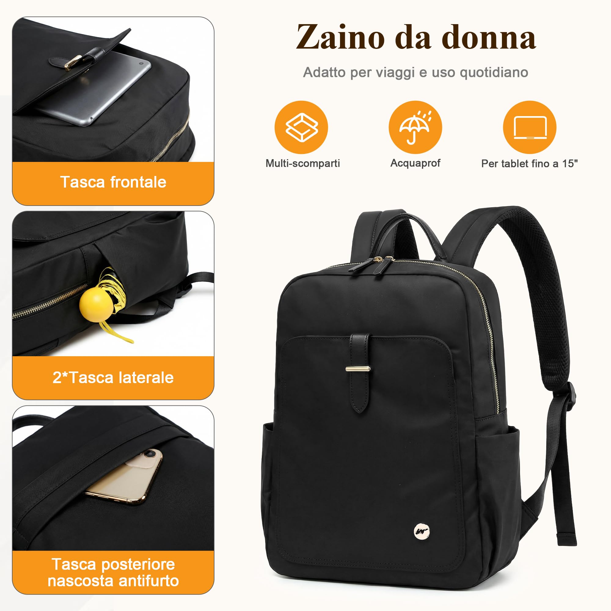 Zaino Semplice Donna Elegante Zaino Antifurto per 15,6 Pollici Laptop con Maniglia Borsa del College Casuale Viaggio Vacanza Quotidiano Impermeabile Nylon Donna Borse da Scuola Nero
