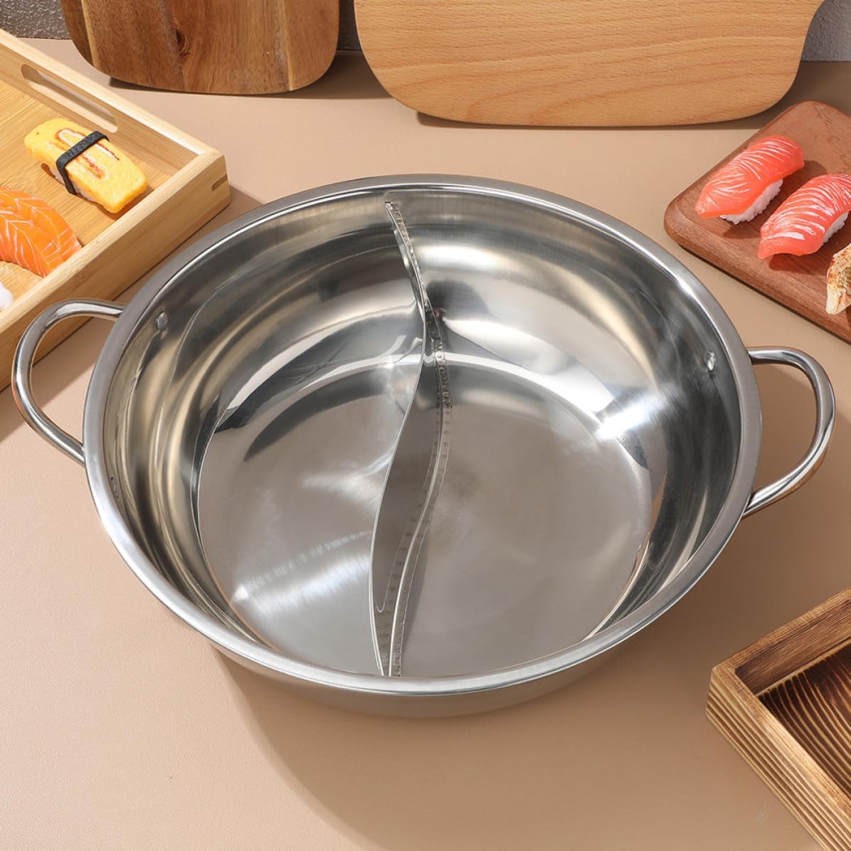 Stainless Steel Divided Hot Pot Pan 34cm for Dual Flavor Cooking