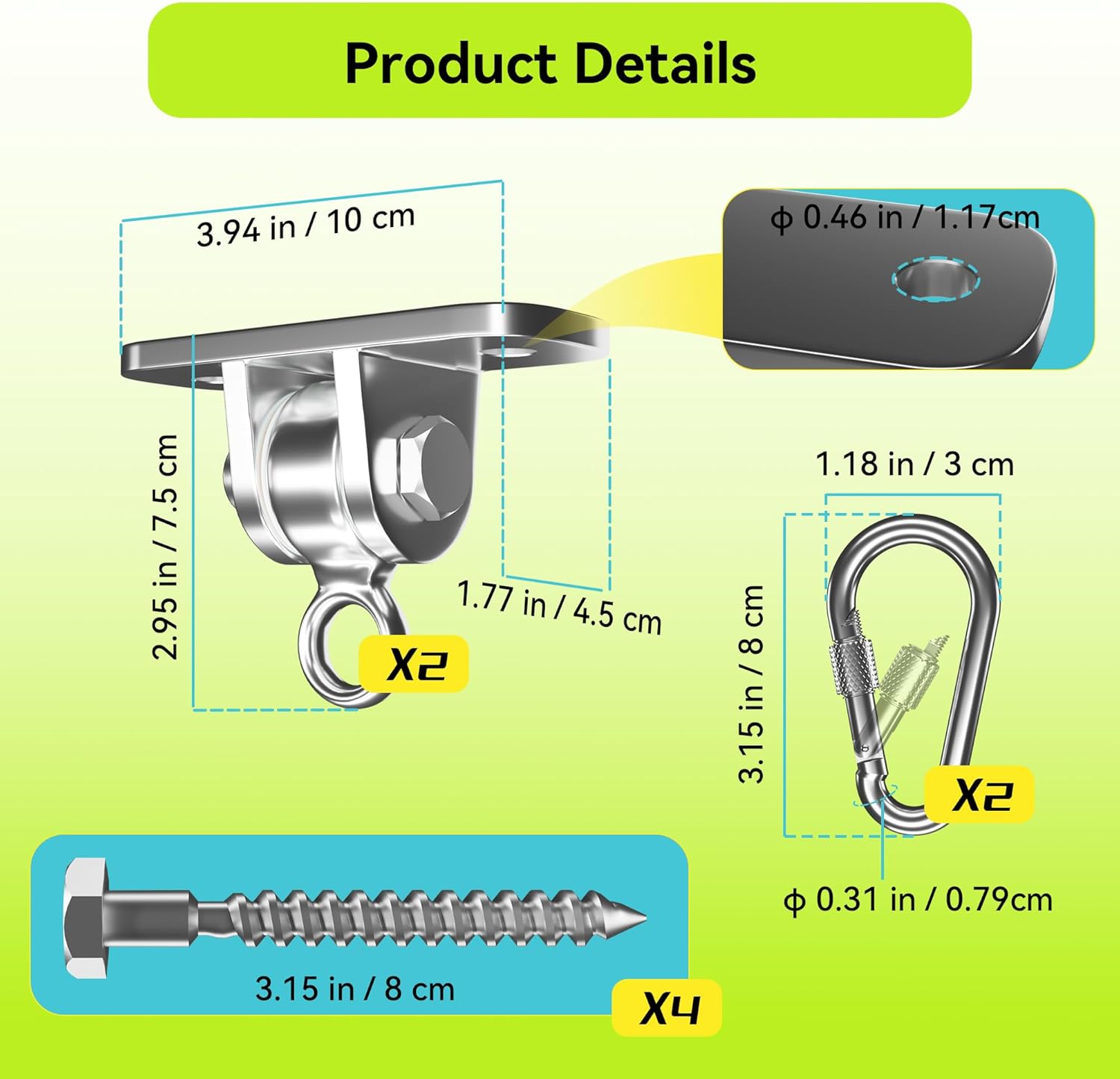 Swing Hangers for Wooden Beam, 2 Pack Stainless Steel 2400 LB Capacity Swing Hardware for Hammock, Porch, Yoga Seat, Heavy Duty Hangers for Indoor & Outdoor Use