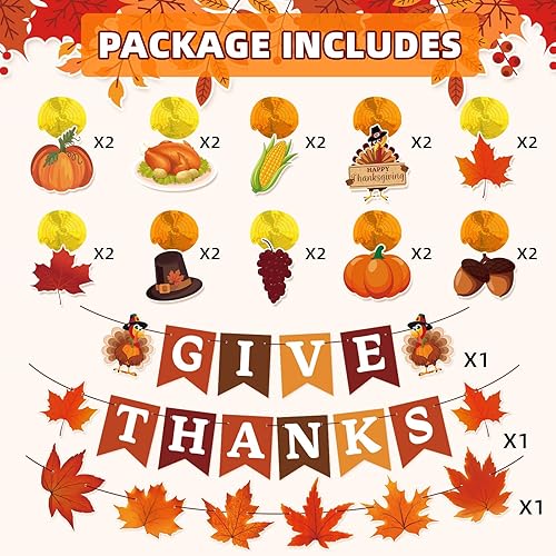 Miniatura 2 de Decoraciones de Acción de Gracias, 42 piezas de decoraciones de fiesta de Acción de Gracias incluyen pancarta de agradecimiento con remolinos