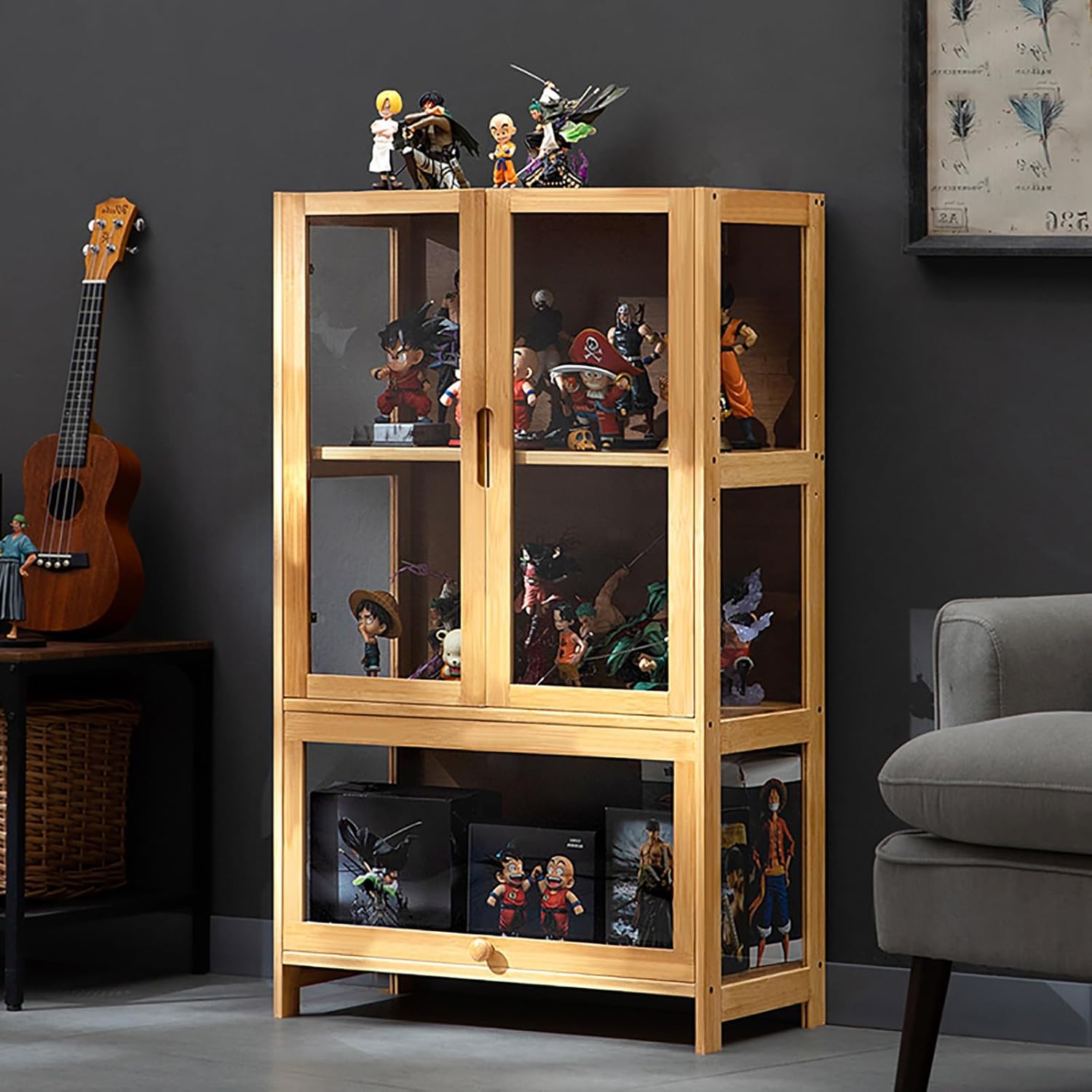 Display Cabinet Toys Display Shelf，Bamboo Display Cabinet, Figures Curio Display Cabinet, Display Cabinet with Acrylic Doors, Display Cabinets for Collectibles with 3/5-Tier Storage Shelves