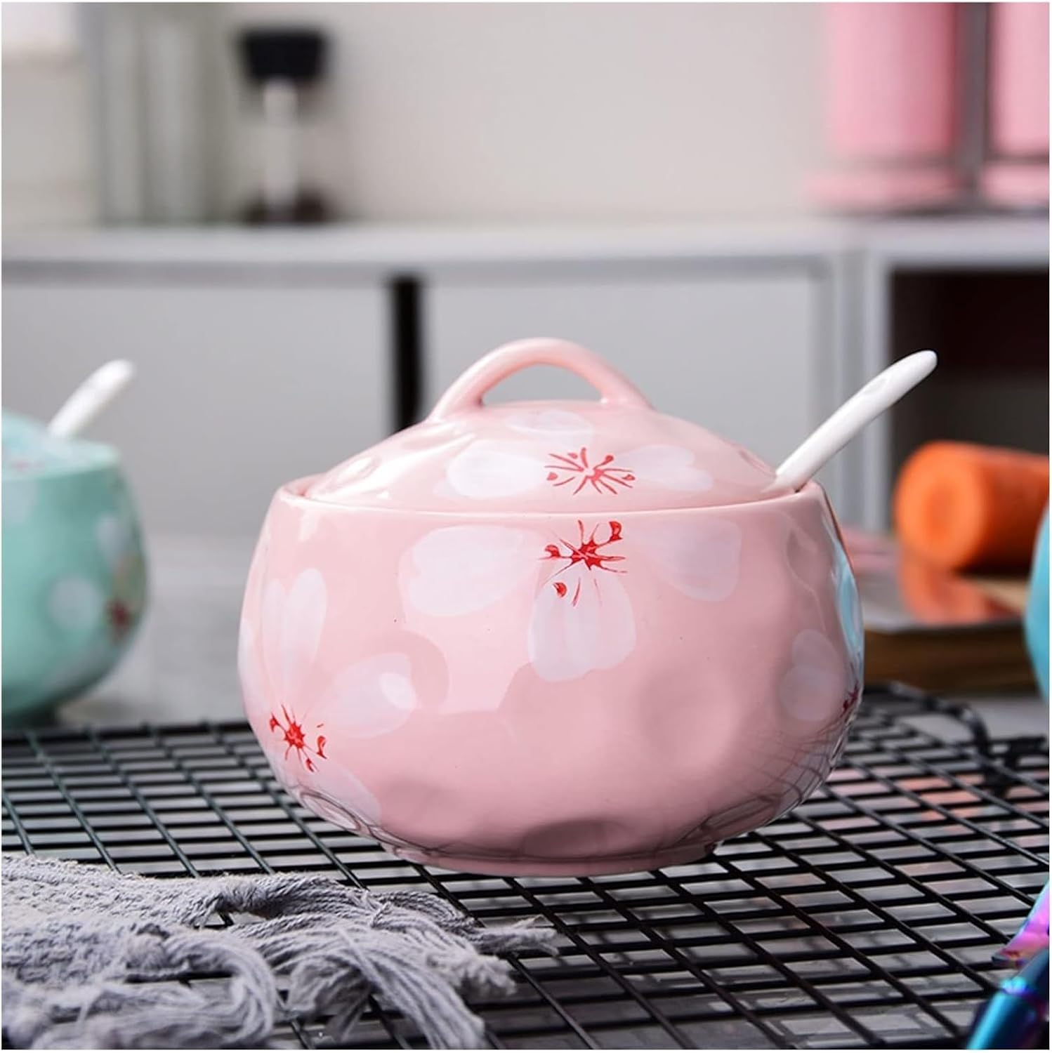 Sugar bowl,Sugar bowl,Ceramic Sugar Pot with Lid, Solid Print Pattern Sugar Bowl with Spoon, Porcelain Spice Jar, Kitchen Decoration Storage(Blue)