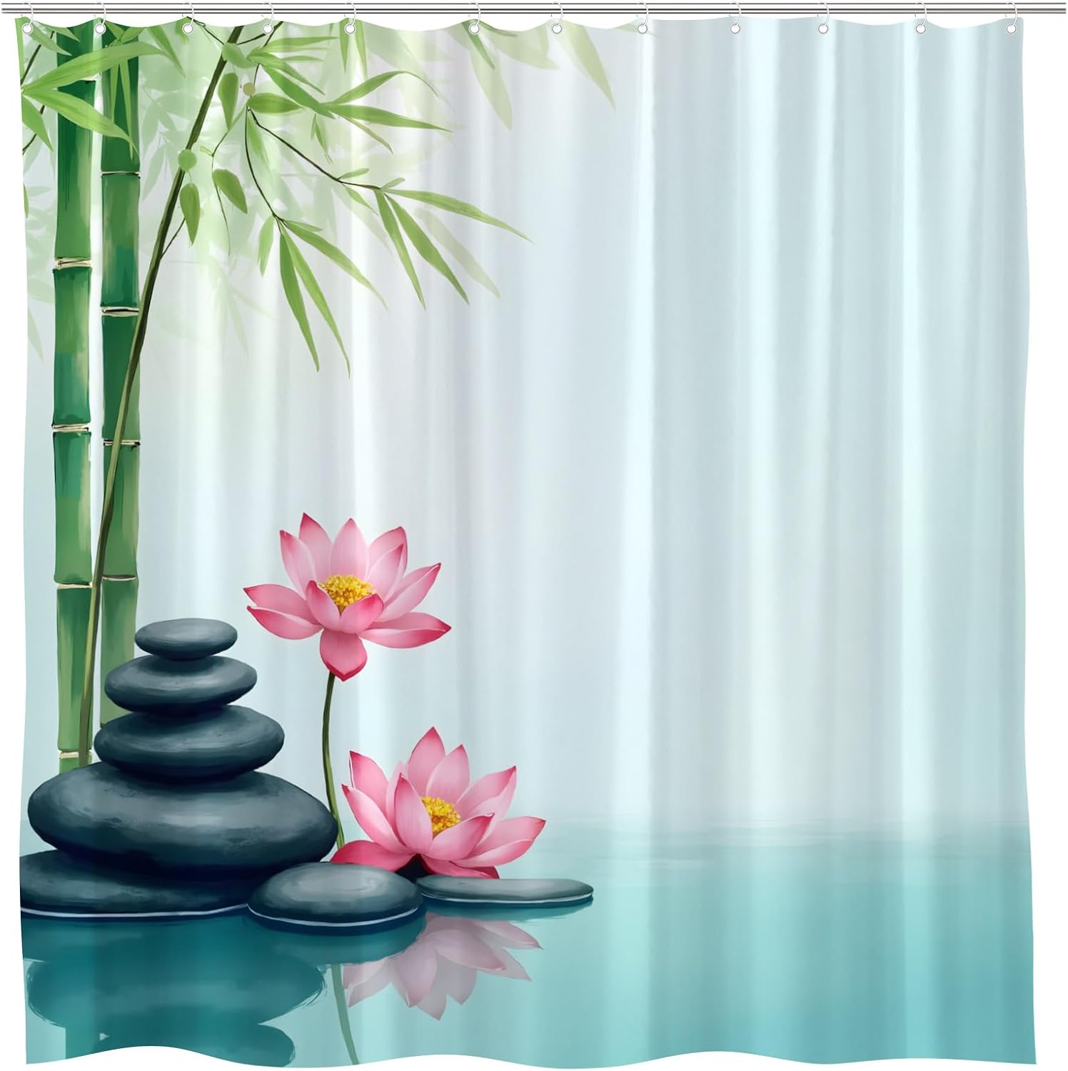 RJSMRJ Zen Garden Shower Curtain Spa Lotus Floral Stone