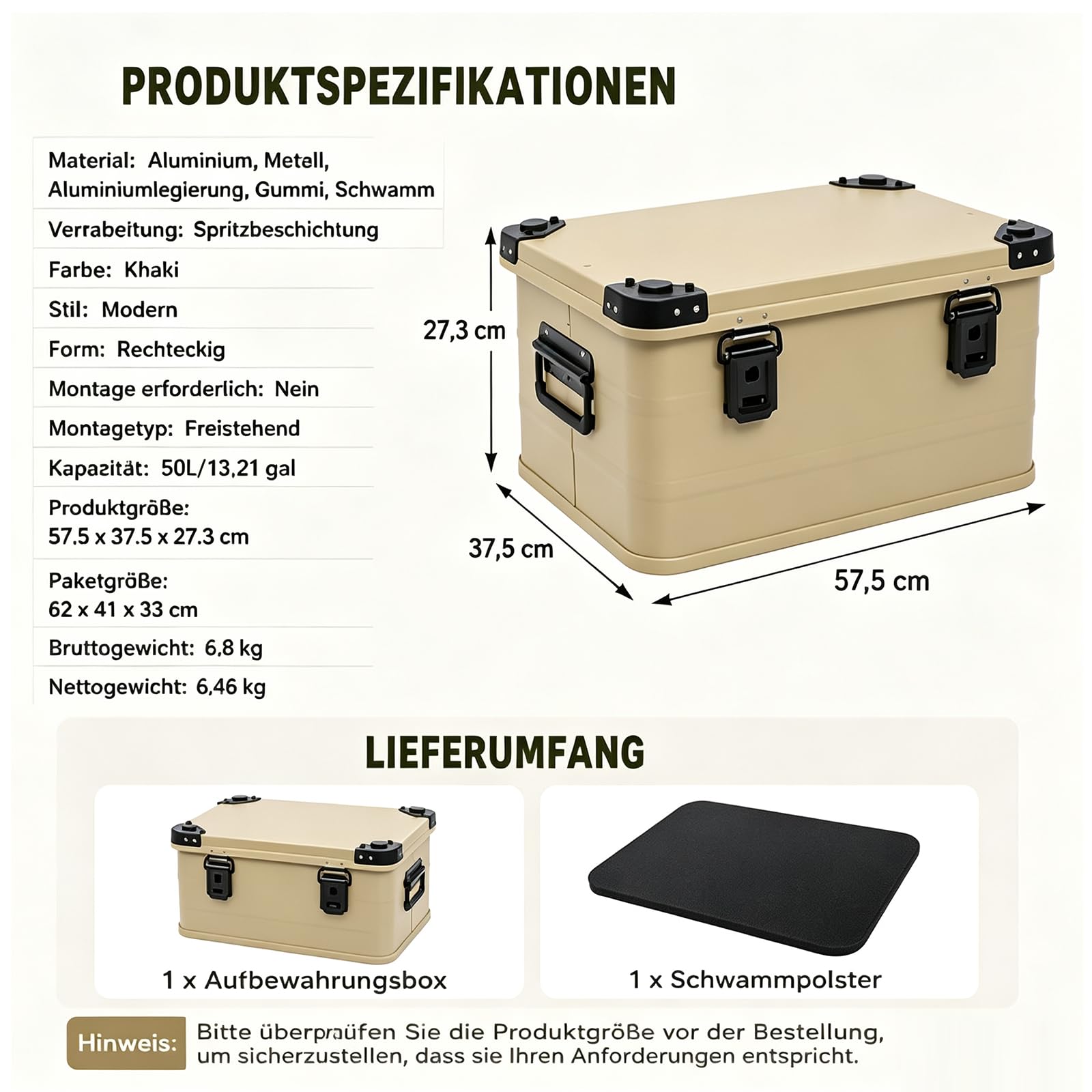 Aluminium Aufbewahrungsbox 30L/50L Wasserdicht mit Deckel, Transportbox mit Gummidichtung, Alubox, Aluminium Box mit verstärkten Ecken & Griffen für Camping Outdoor Reisen (50L Khaki)