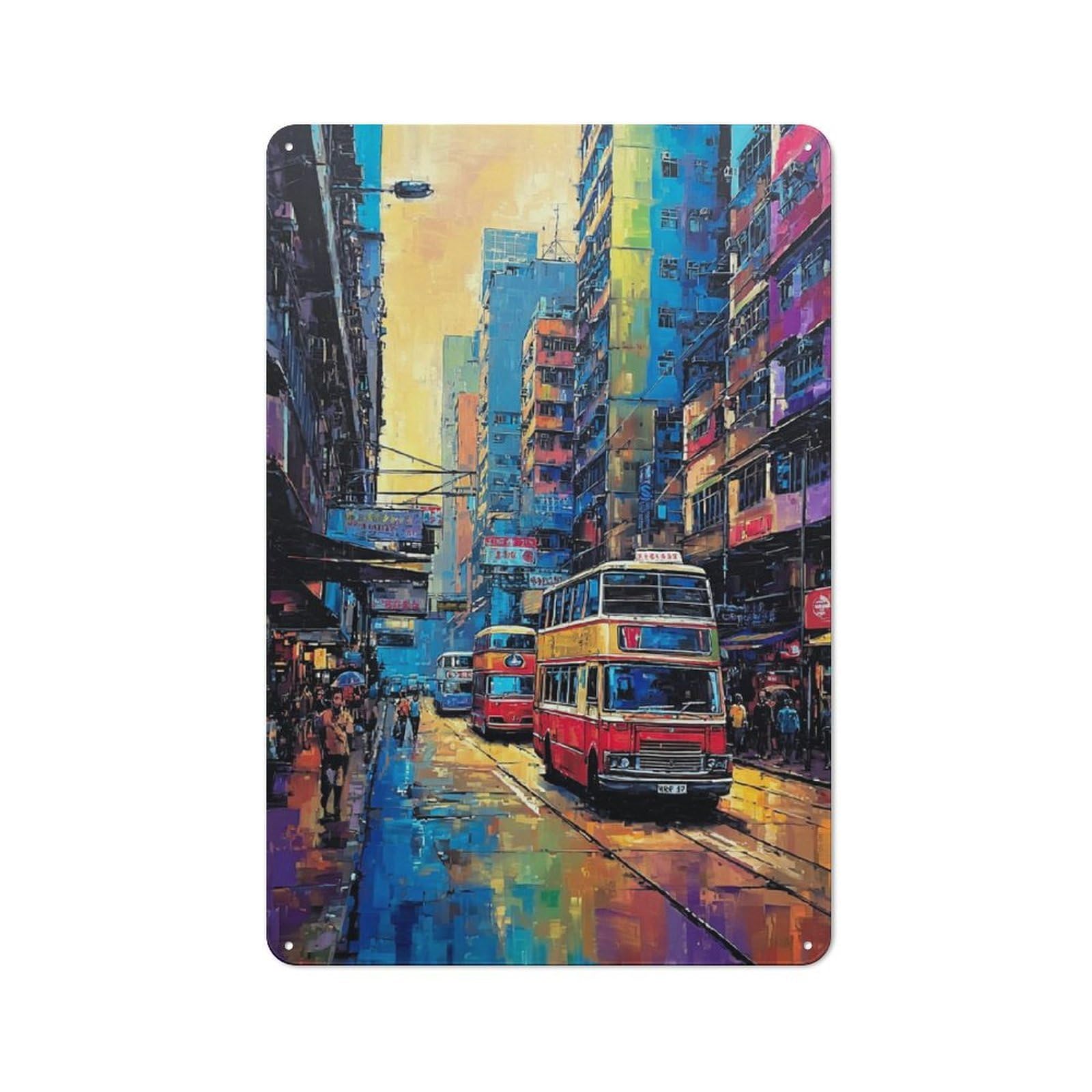 Junmoney Vibrant Cityscape With Double-Decker Buses Metal Plaque 30X20cm With For Garage Wall, Vintage Decor, Autumn Home Decor For Collectors Of Metal Signs