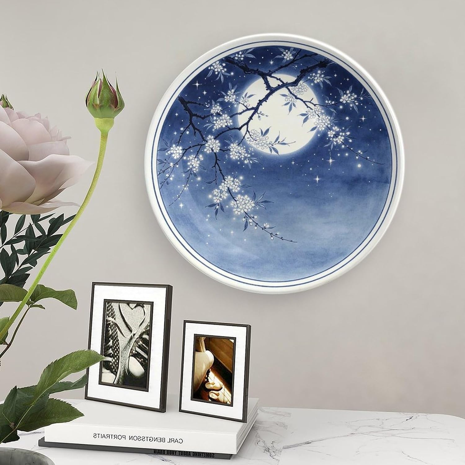 Blue White Porcelain Plate Art, Plum Blossom Under Moonlit Night for Dining Room Bone China Decorative Plate, 8inch Wall Art Home Decor
