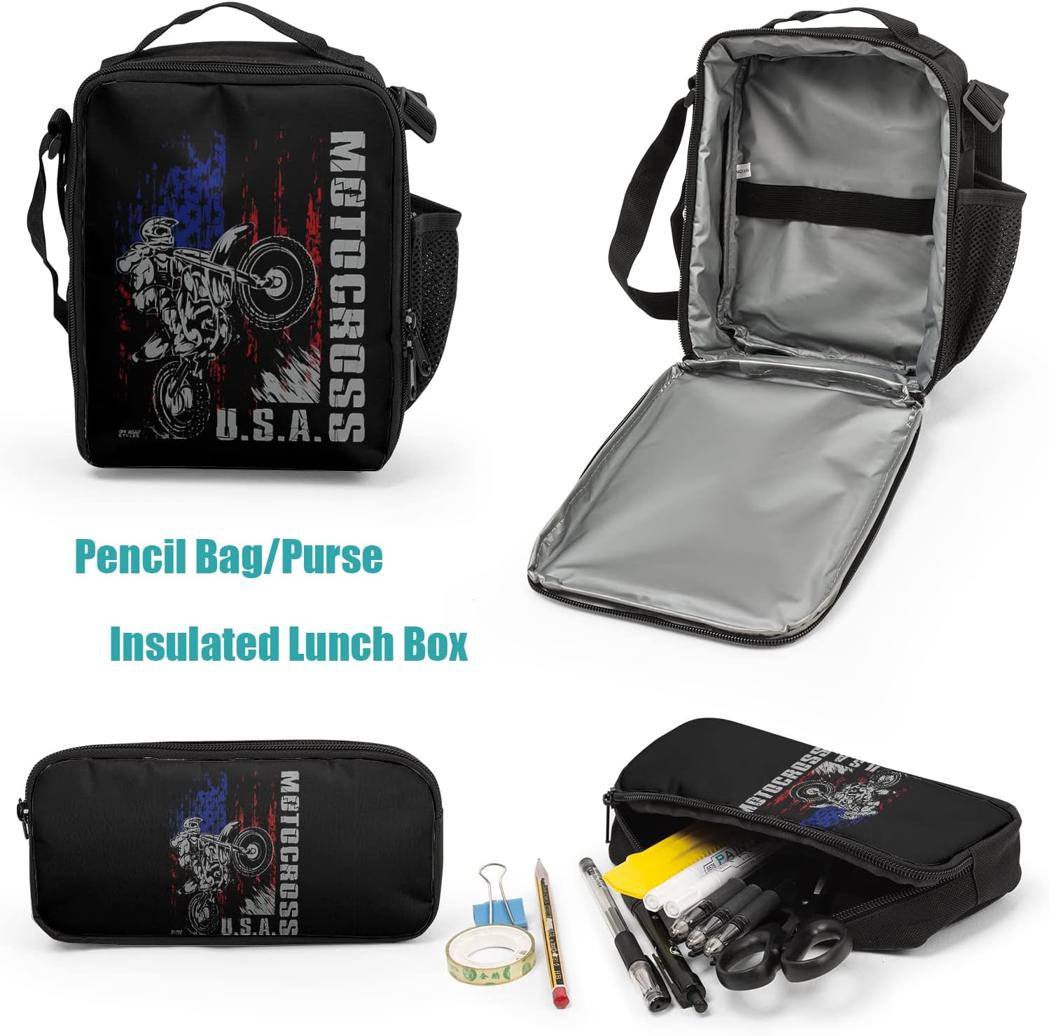 Giwawa Motocross Vehicle Teens School Backpack Set American Flag Canvas Girls Boys School Bags Travel Bookbags 3 in 1