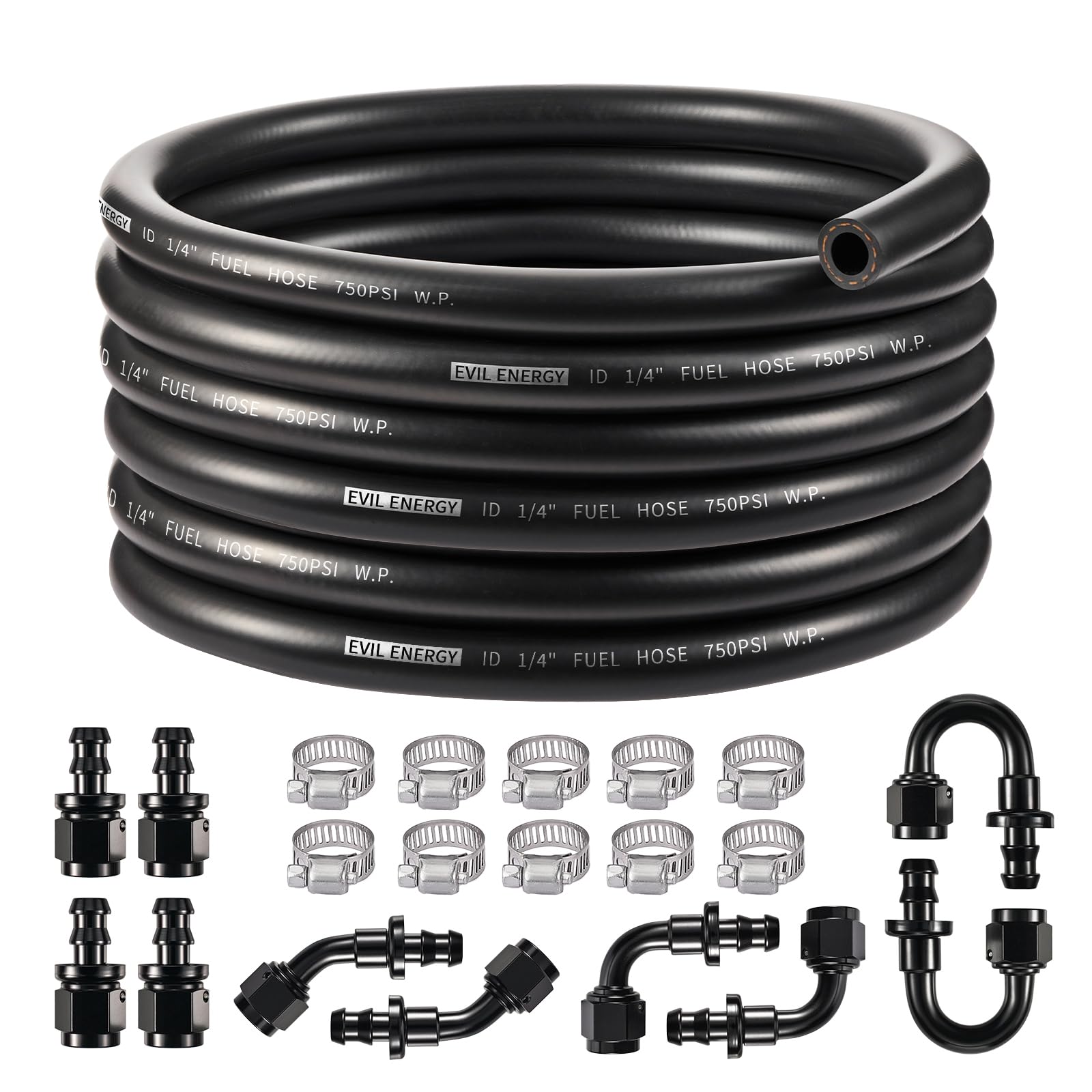 EVIL ENERGY 4AN 1/4 Fuel Line Kit 20FT, CPE Rubber 1/4 Fuel Hose with Push On Fittings and Hose Clamps 20PCS, Black-image-46