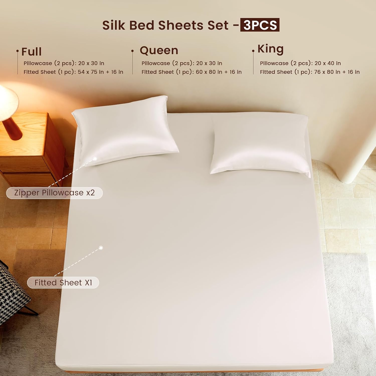 THXSILK Luxury Mulberry Silk Fitted Sheet Set 3 Pcs, Full Silk Bed Sheet Set with 16" Deep Pockets, Soft & Cooling Sheets, 1 Fitted Sheet, 2 Pillowcases with Zipper Closure - White