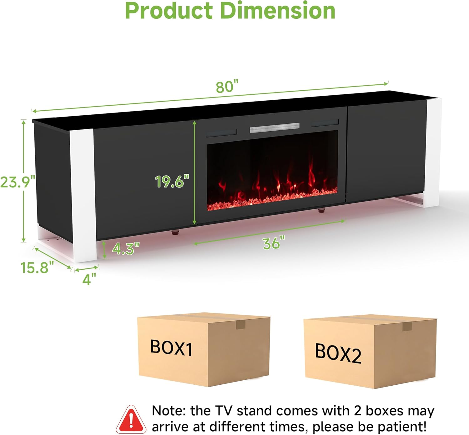 Diagram showing the product dimensions and two shipping boxes labeled BOX1 and BOX2.