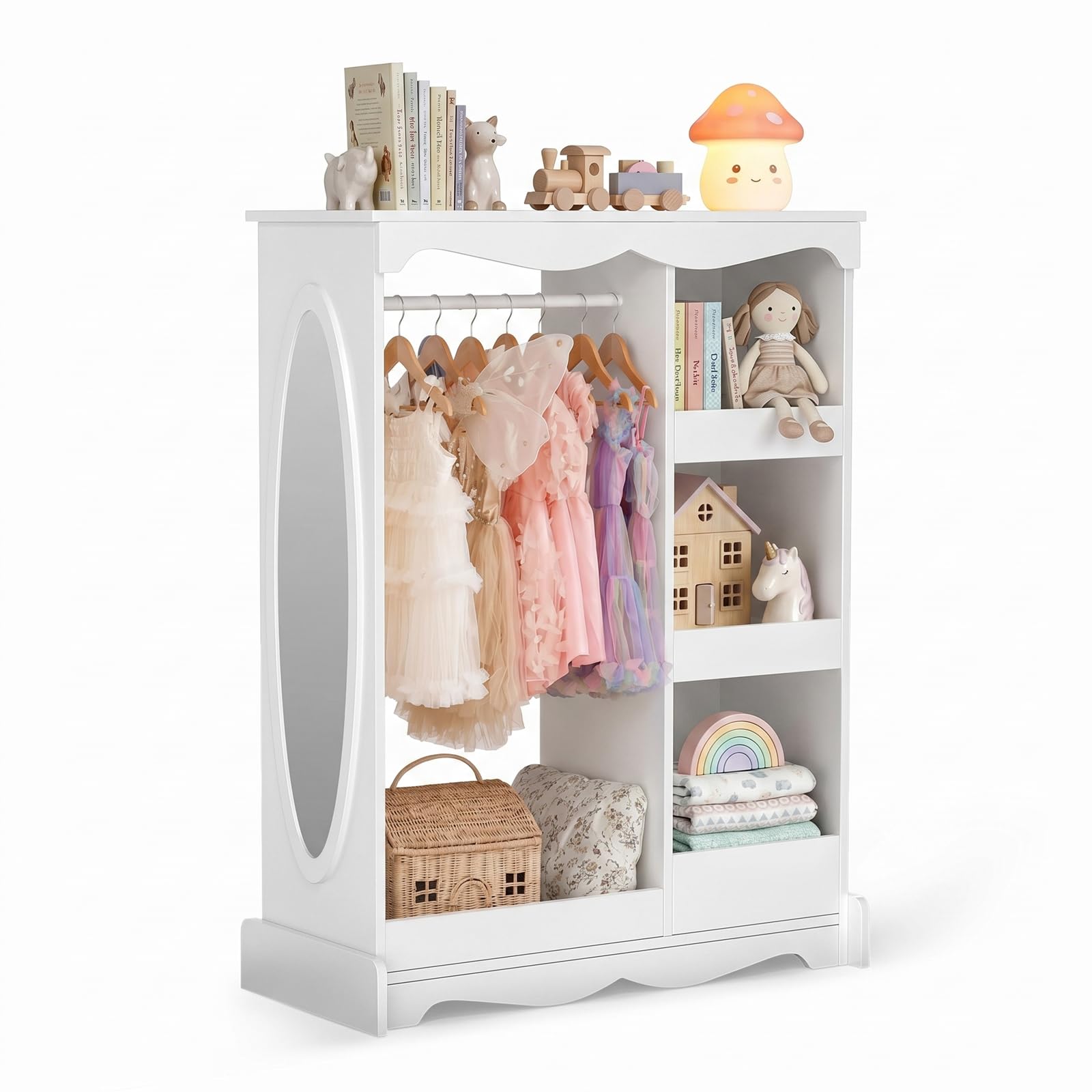 VOWNER Kinder Kleiderschrank, Kindergarderobe mit Spiegel, Kleiderstange, Kinderzimmer mit Regalens Weiß