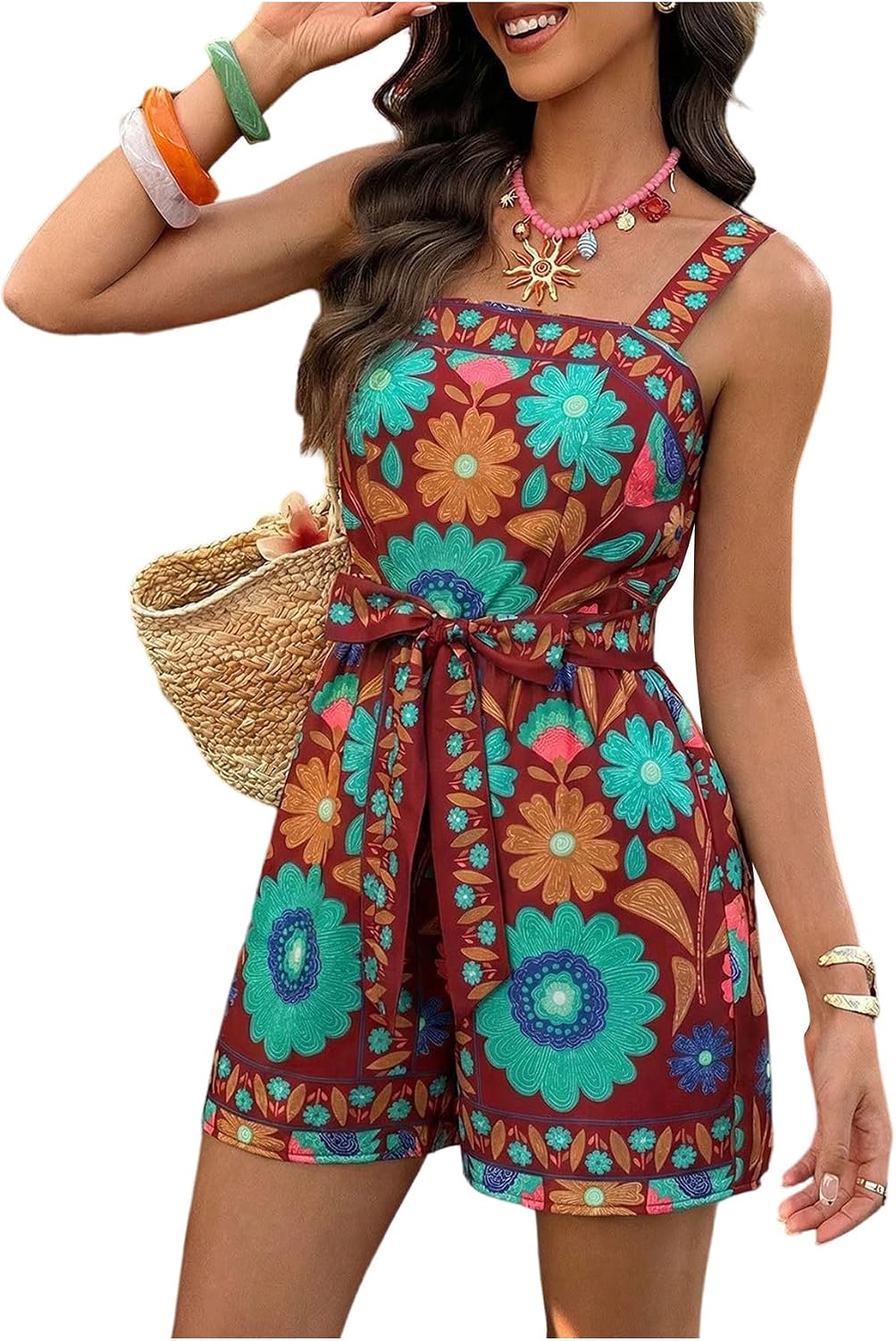 SweatyRocks Women's Boho Floral Print Rompers Sleeveless Bow Tie Belted Short Jumpsuit Summer Beach Vacation Outfits
