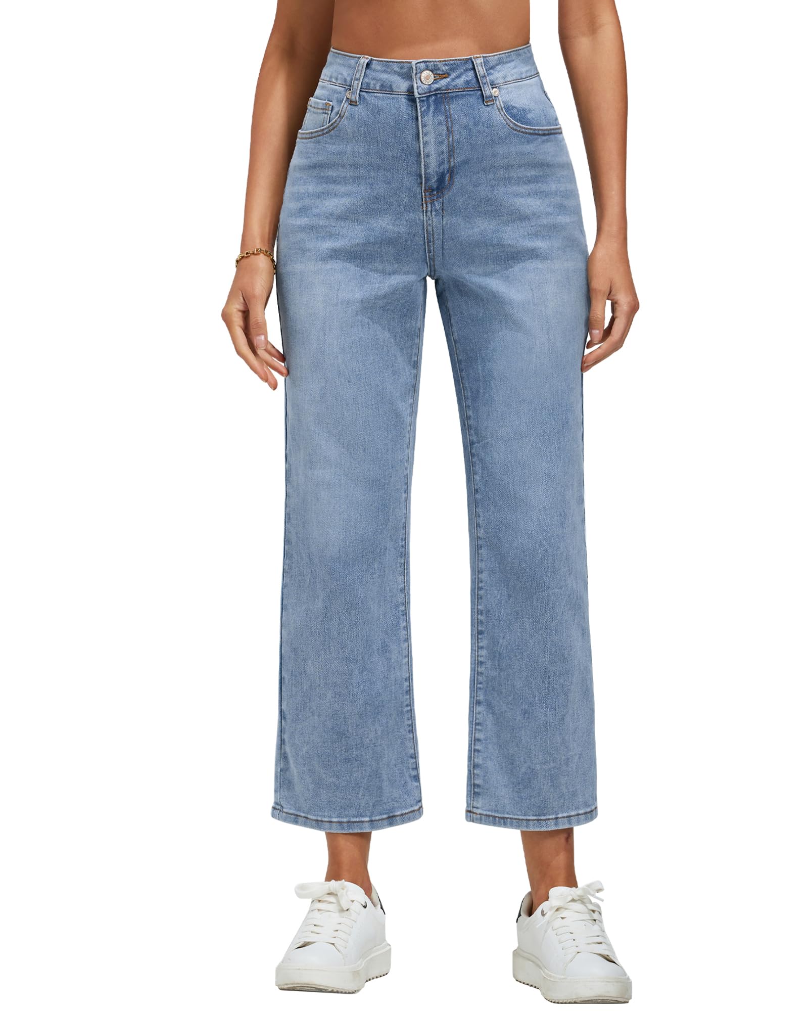 Vetinee Jean pour femme, taille haute, jambes larges, extensible, baggy, coupe droite