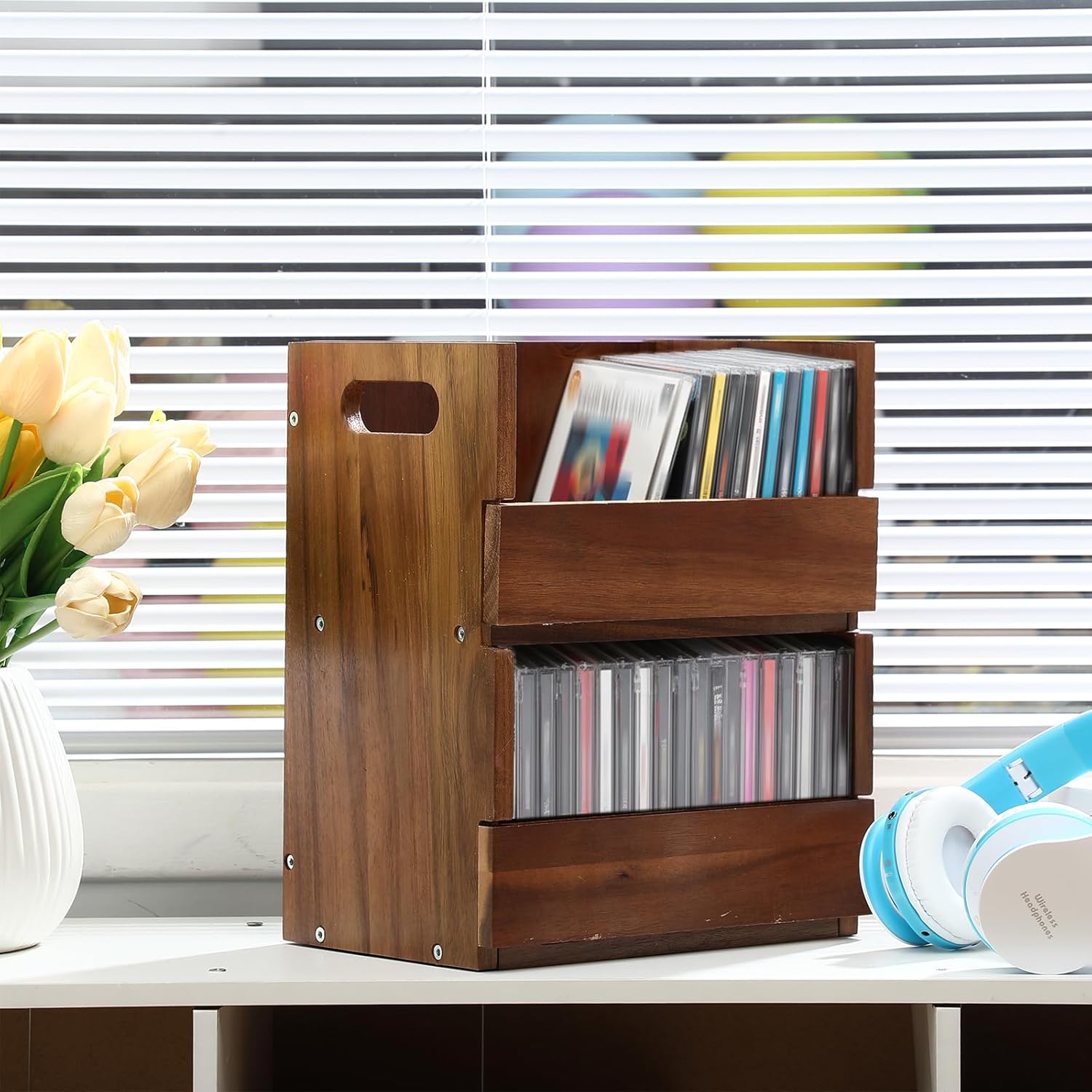 1 Set Wooden Cd Storage Box Holder Racks Cassette Tape Display Stand With Carrying Handles, Holds 42 Cd Case, Acacia Wood Shelf for Movie Cases, Dvds Organizer (Natural)