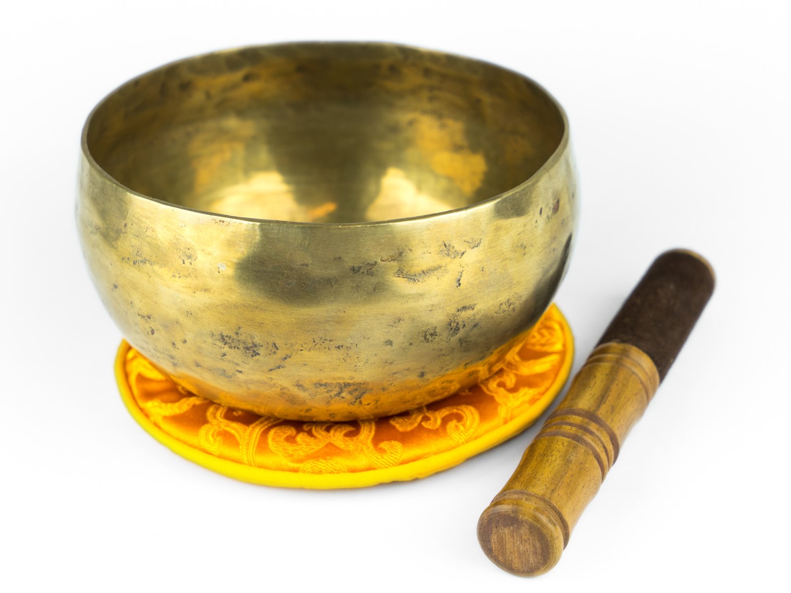 Tibetisches Klangschalen Set aus Nepal, inklusiv Holz-/Lederklöppel sowie orangefarbener Unterlage -1000-L-