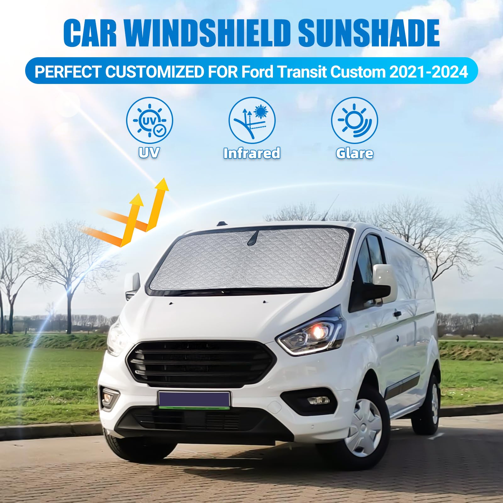 XCBYT Pare Soleil Voiture Pare Brise Avant pour Ford Transit Custom 2021-2024, Pliable Épaissie Brise Voiture Avant Couverture Intérieur, Protection Solaire Bloque Rayons UV