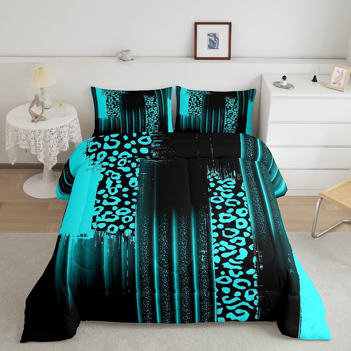 Feelyou Teal Black Reversible Comforter Set Twin Size Abstract Leopard Comforter for Kids Teens Adults Ombre Stripes Bedding Set Modern Art Duvet Set Room Decor 2Pcs with 1 Pillow Case Multi