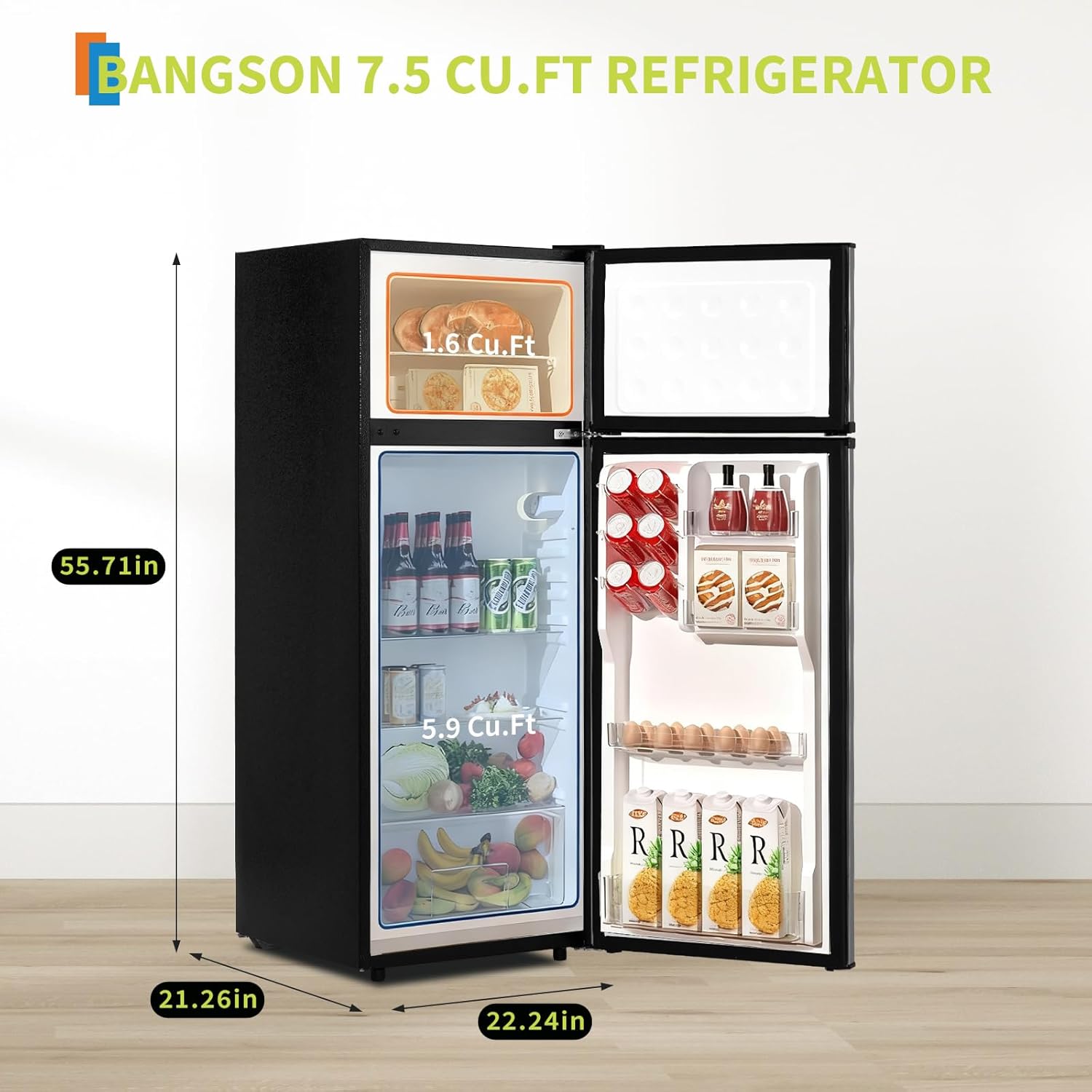 7.5 Cu. Ft. Compact Refrigerator | Two Door Mini Fridge with Energy-Efficient & Quiet Operation | for Dorm, Office, Bedroom, Kitchen, Bar Use​ with Adjustable Shelves
