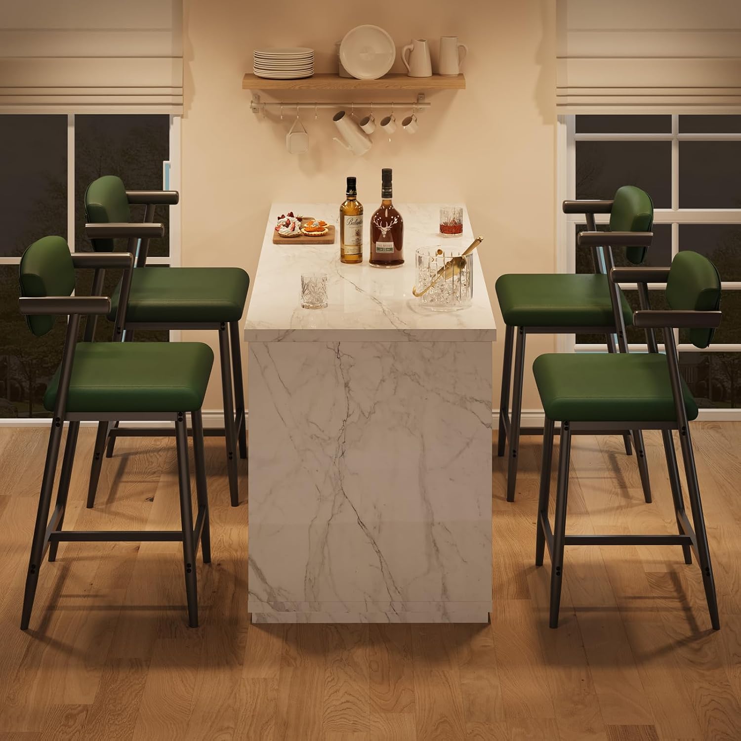 IDEALHOUSE Counter Height Bar Stools Set of 4 with Arms, Upholstered Barstool with Back & Footrest, Soft Wider Seat, Modern Metal Bar Stools Set for Kitchen Island, Bar, Easy Assembly, Rustic Green