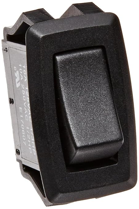 Rocker Switches, On Off Circut Function, SPST, 15/10 amps at 125/250 VAC, 0.625 Width, 1.250 Height, 0.828 Depth, Black