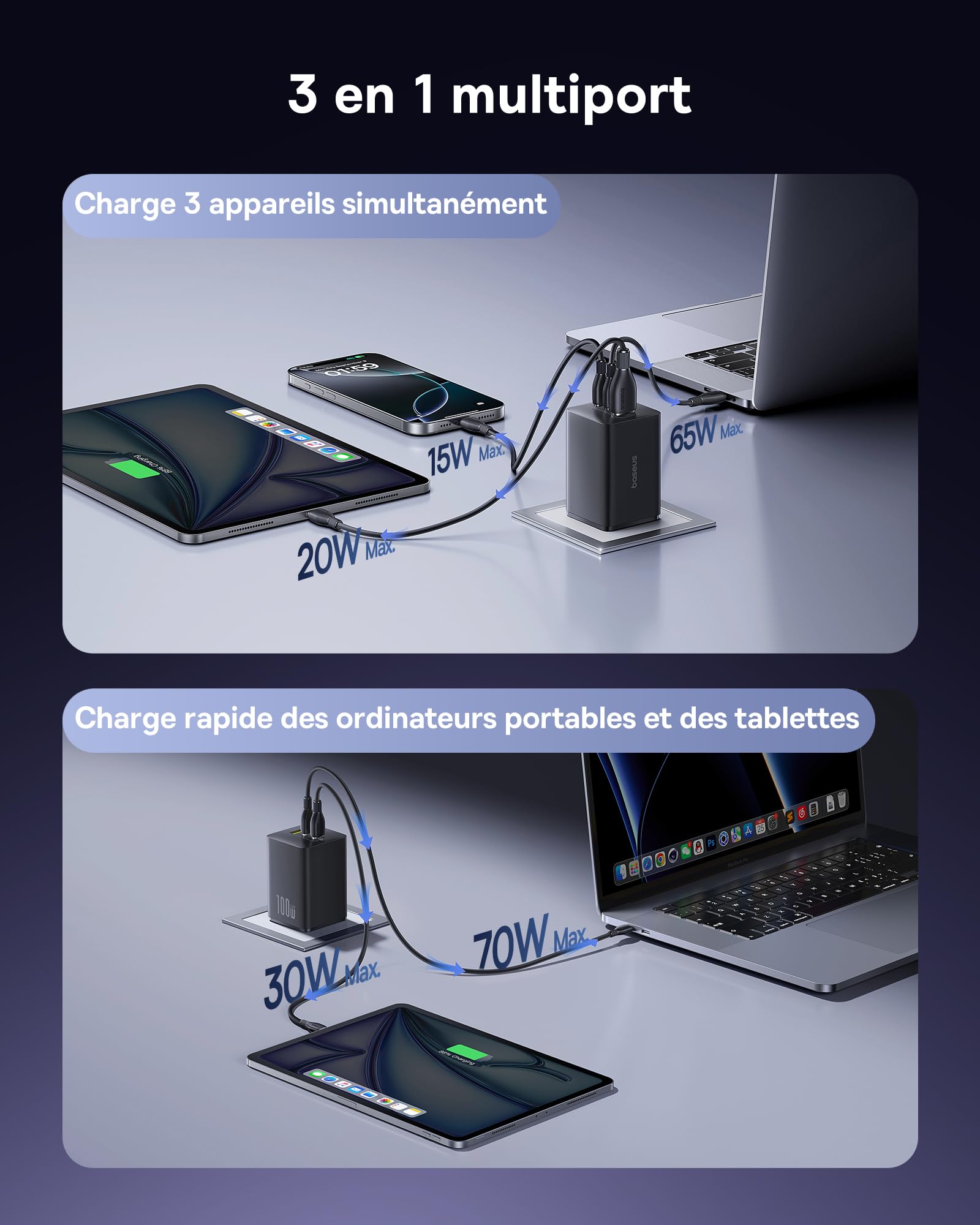 Baseus Enerfill Chargeur USB C 100 W, Bloc d'alimentation USB C à 3 Ports, Chargeur PD avec PPS, Chargeur Rapide GaN Compatible avec MacBook Pro/Air, iPhone 17/16/15/14/13Serie, Galaxy S25, iPad Pro