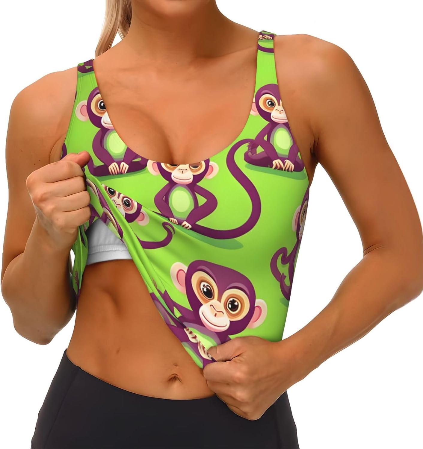Green Clever Monkey Print Women's Strappy Sports Bra, Stretch Gym Bras U Neck Yoga Tops, Comfort Seamless Bra