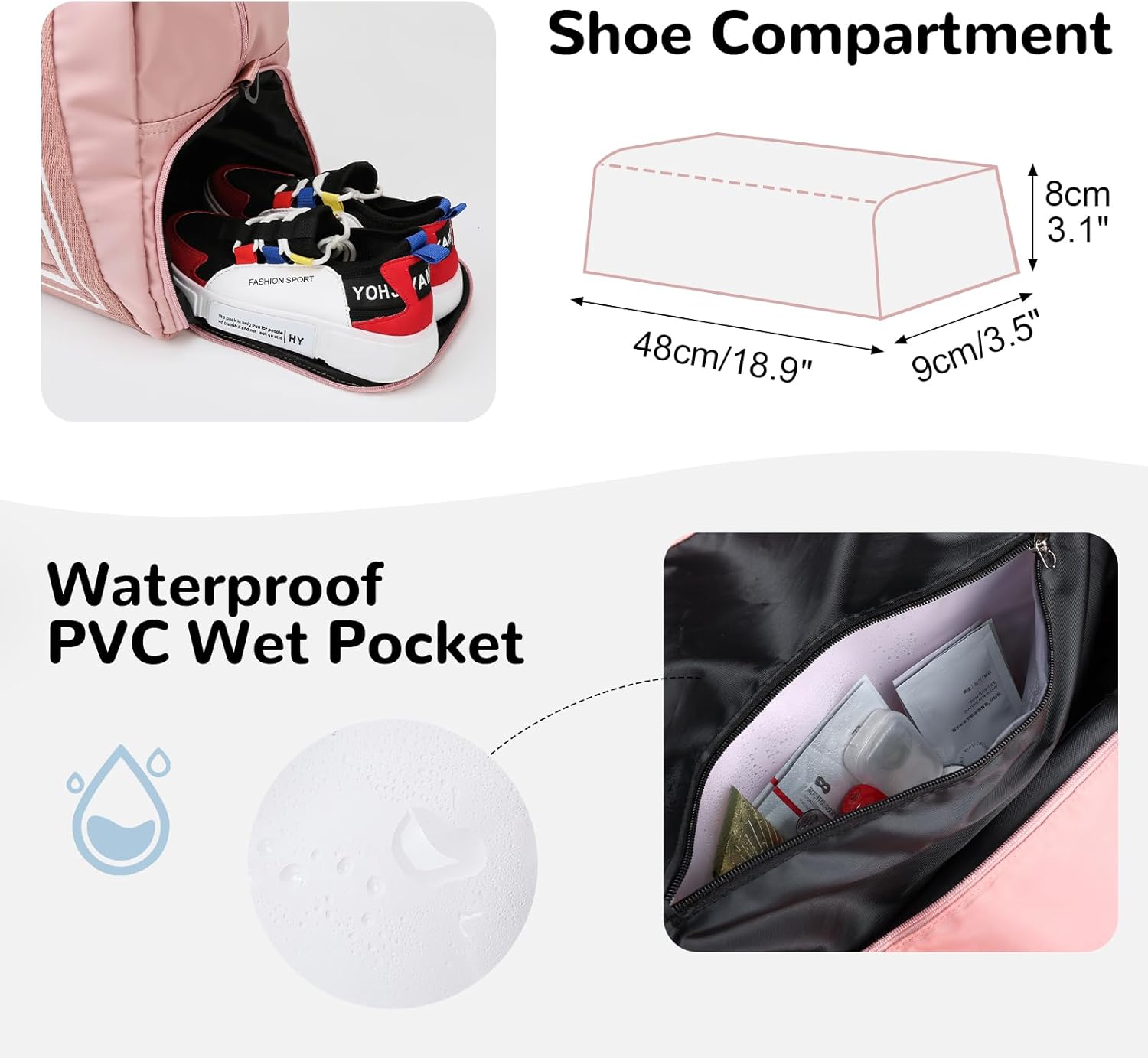 30L Travel Duffel Bag with Shoe Compartment for Women Weekender, Sports Duffel Bag for Beach, Pink - Image 4