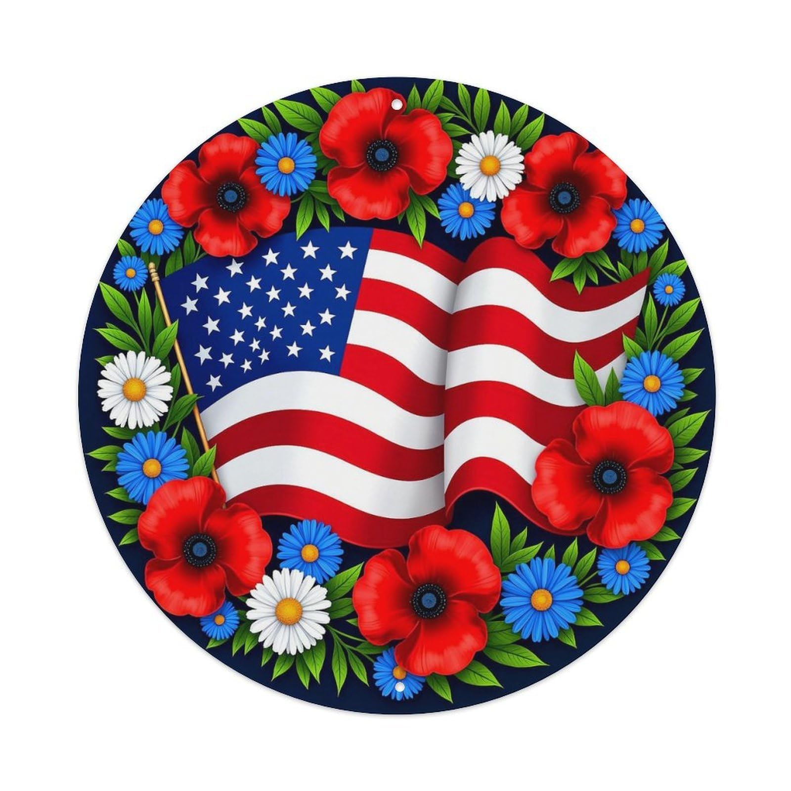 American Flag Floral Wreath Design Metal Tin Sign Plaque